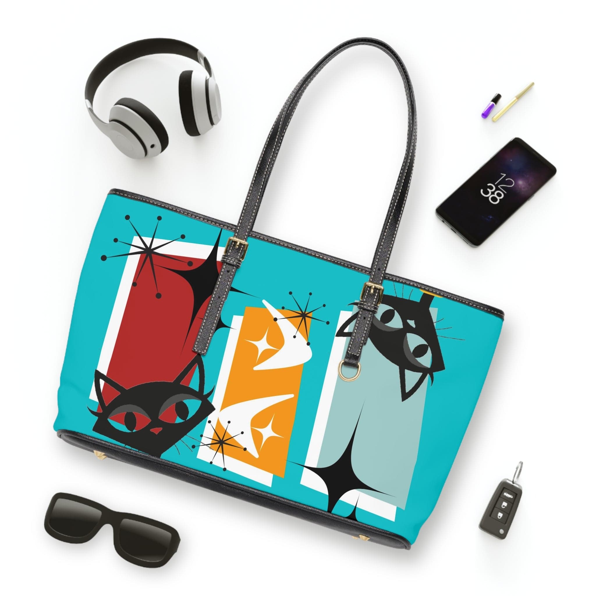 Atomic Kitschy Cat, Retro Shoulder Bag In Aqua Blue And Quirky Fun Design Bags 17" x 11" / Black