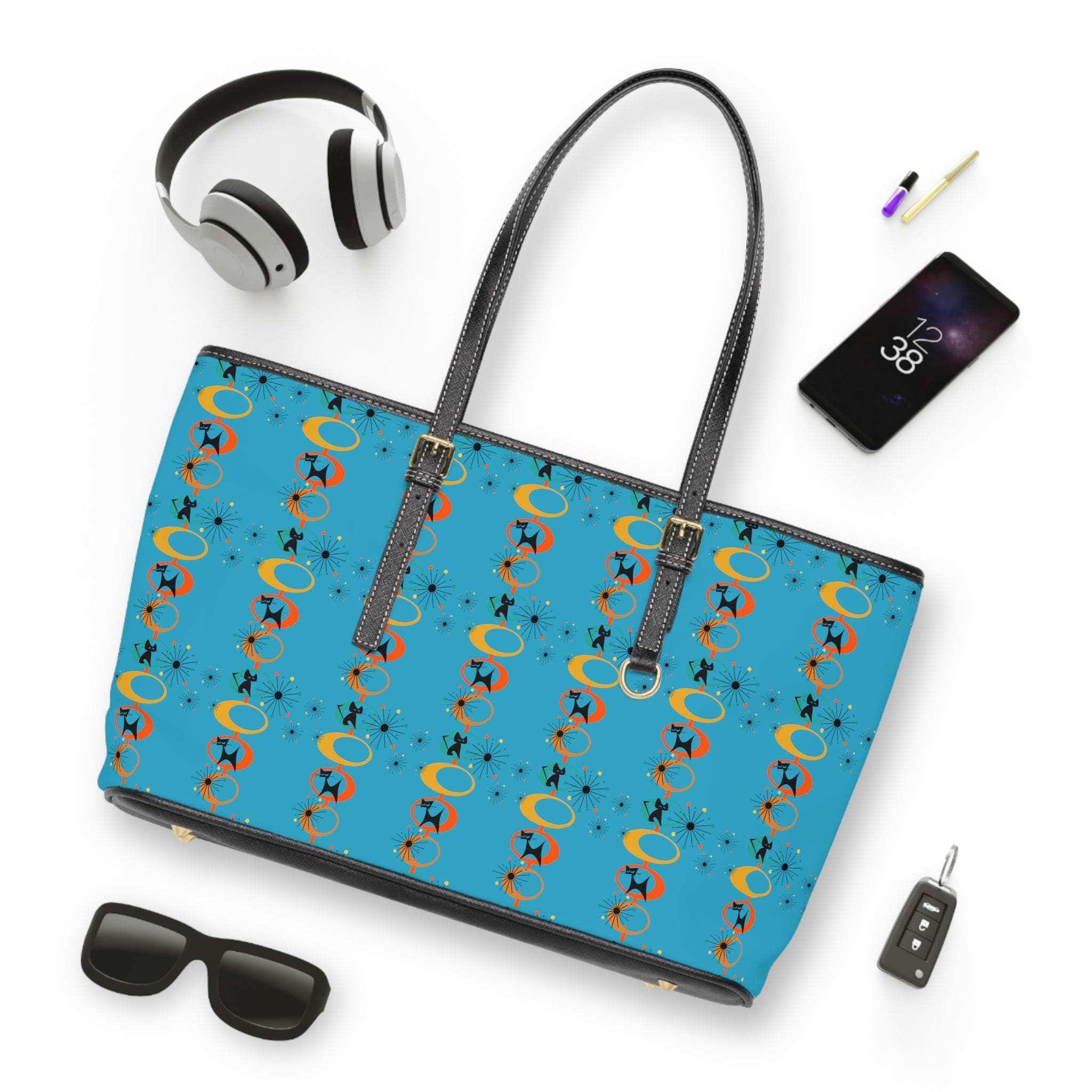 Atomic Space Cat, Turquoise Blue, Mid Mod Retro Shoulder Bag Bags 17" x 11" / Black