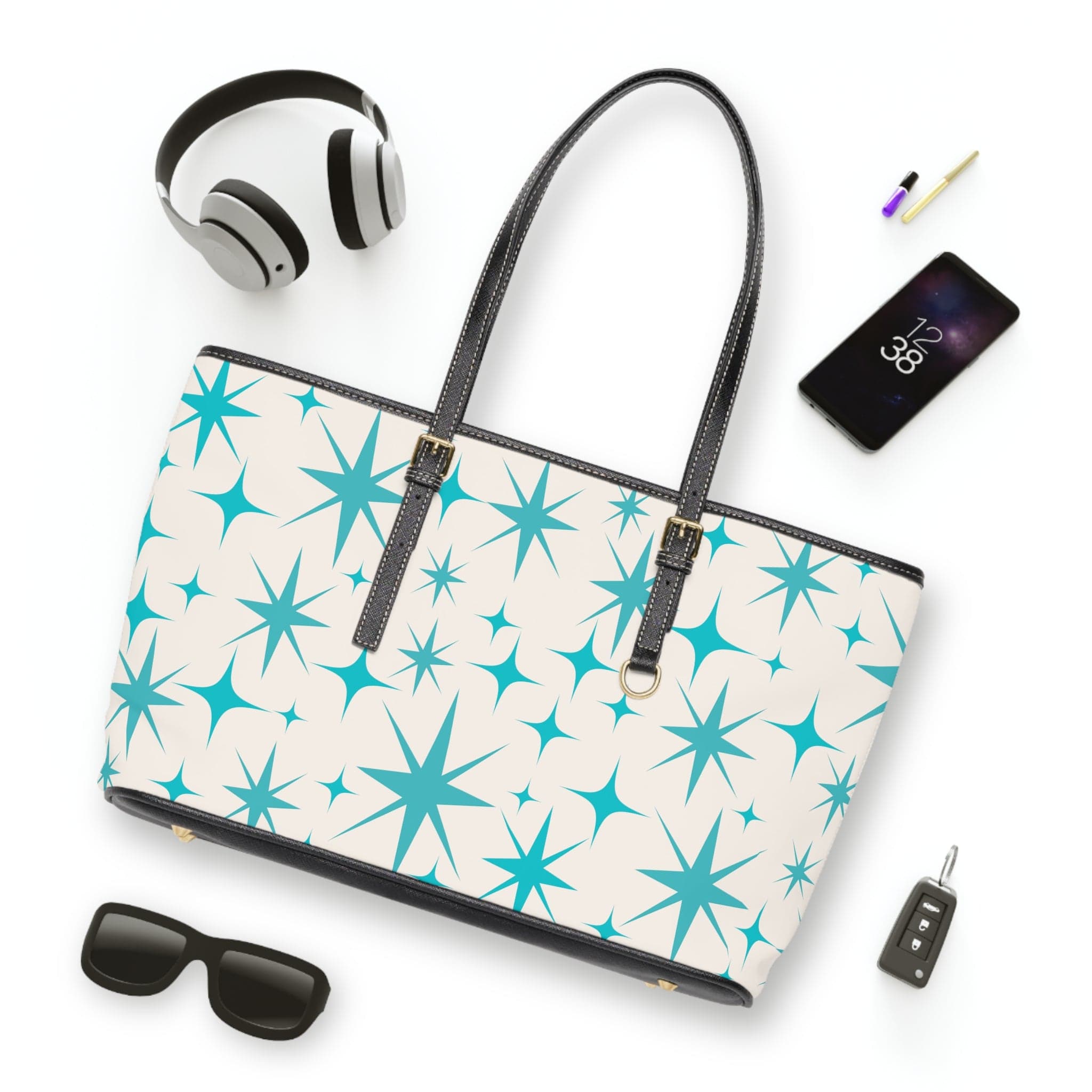 Atomic Starbust, Mid Mod Retro Creamy Vanilla, Aqua Blue Shoulder Bag Bags 17" x 11" / Black