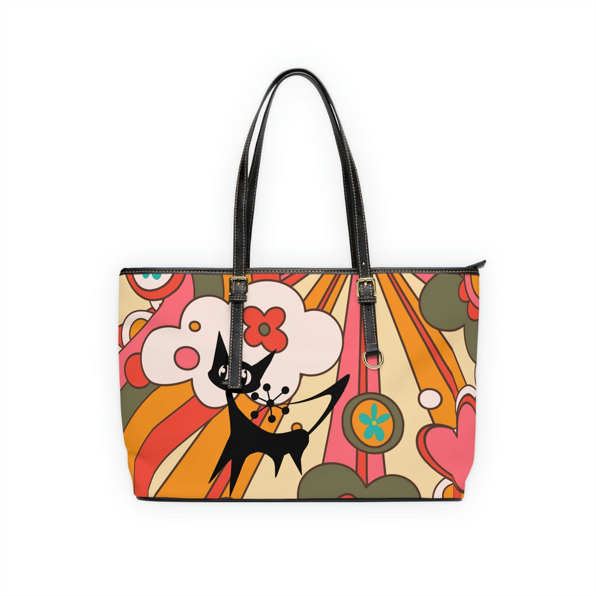 Groovy 70's Atomic Kitschy Cat, Retro Sun, Floral Fun And Funky Leather Shoulder Bag Bags 17" x 11" / Black