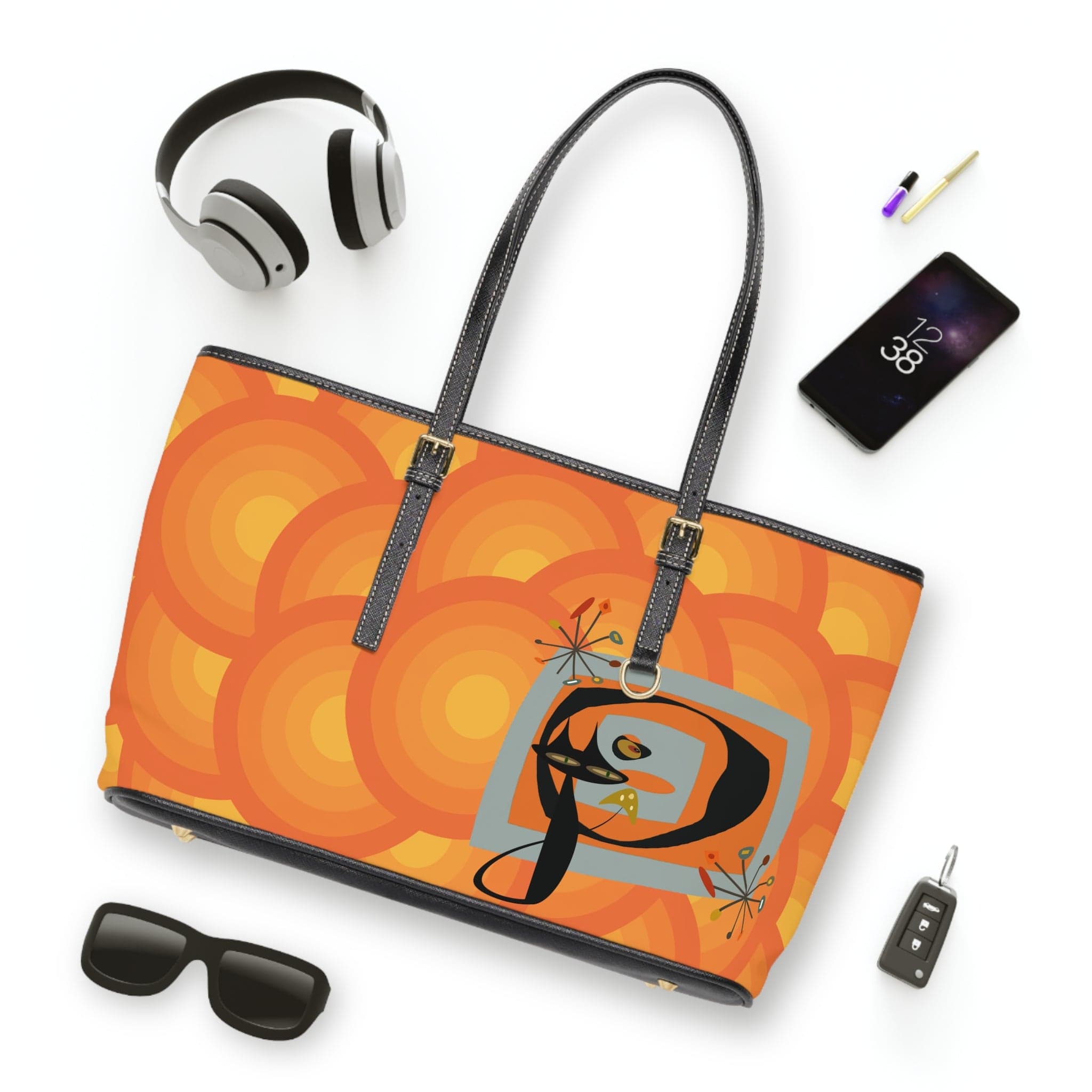 Groovy Atomic Cat, Orage, Retro, Shoulder Bag Bags 17" x 11" / Black
