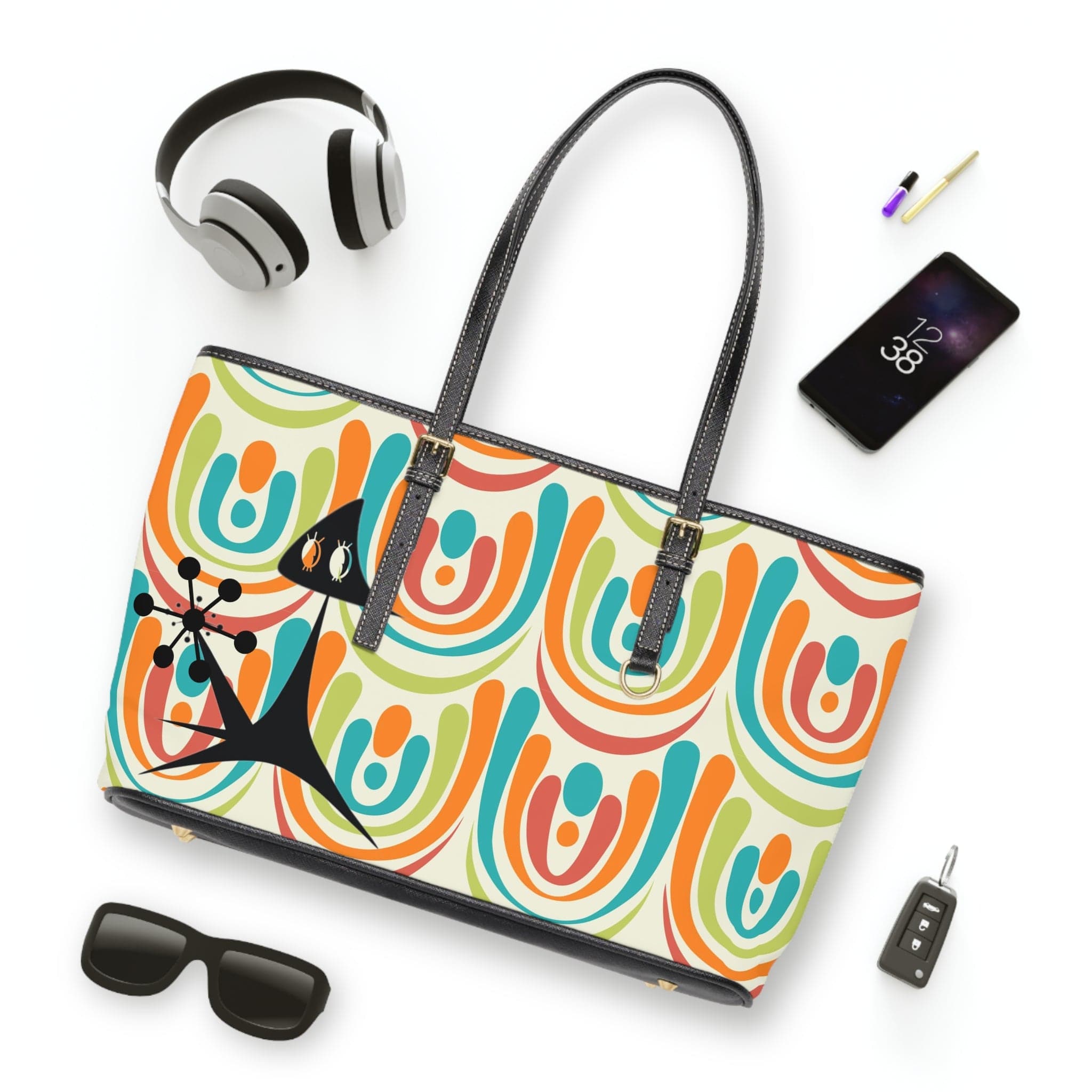Groovy Cat, I Love You, Retro Mid Mod Leather Shoulder Bag Bags 17" x 11" / Black