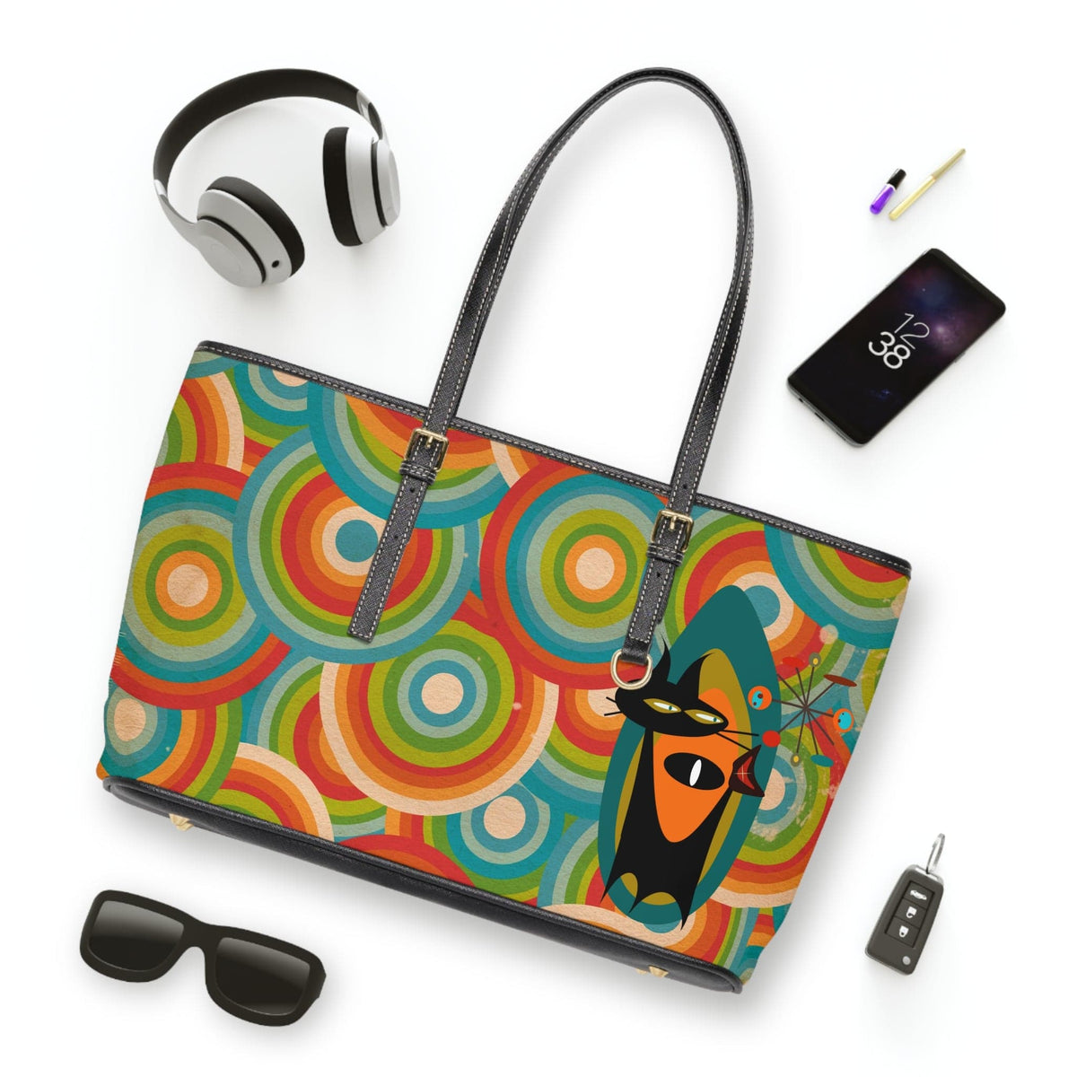 Groovy Cat, Retro 70's, Hip, Fun, Funky Shoulder Bag Bags 17" x 11" / Black