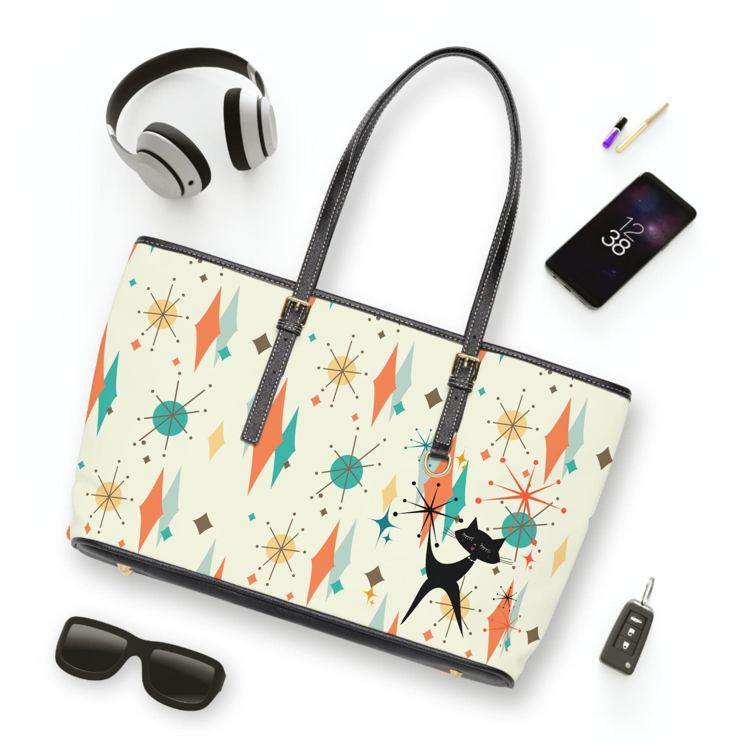Mid Century Atomic Franciscan Pattern, Atomic Cat, Retro Mod Shoulder Bag Bags 17" x 11" / Black