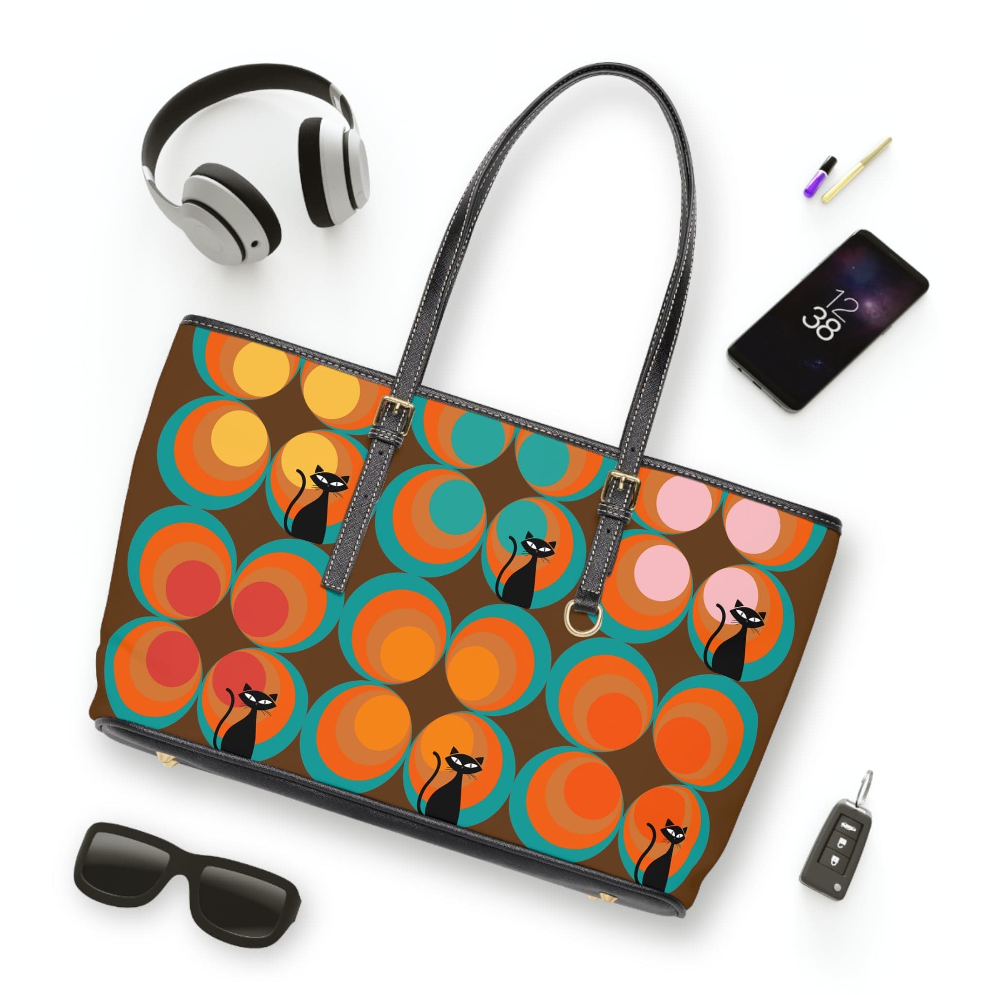 Mid Century Modern, Brown, Groovy Peacock Eye, Atomic Kitties, Fun Shoulder Bag Bags 17" x 11" / Black