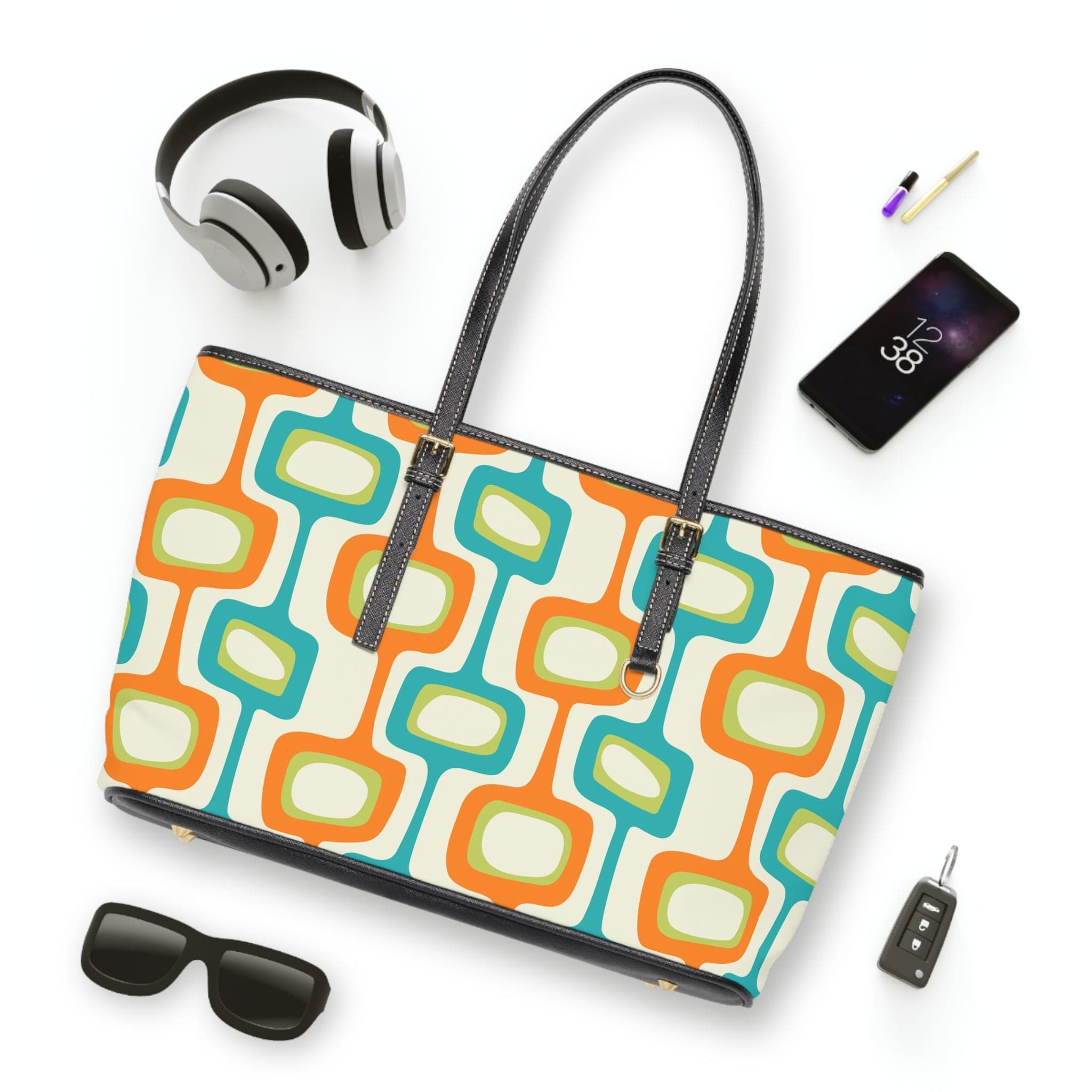 Mid Century Modern Funky Reversable, Flower Power, Retro Green, Orange, Aqua Funky Fun Shoulder Bag Bags 17" x 11" / Black