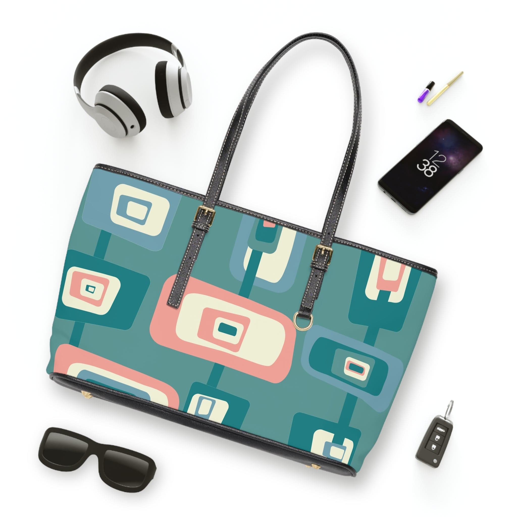 Mid Mod Aqua Blue, Pink, Geometric Groovy Retro Shoulder Bag Bags 17" x 11" / Black