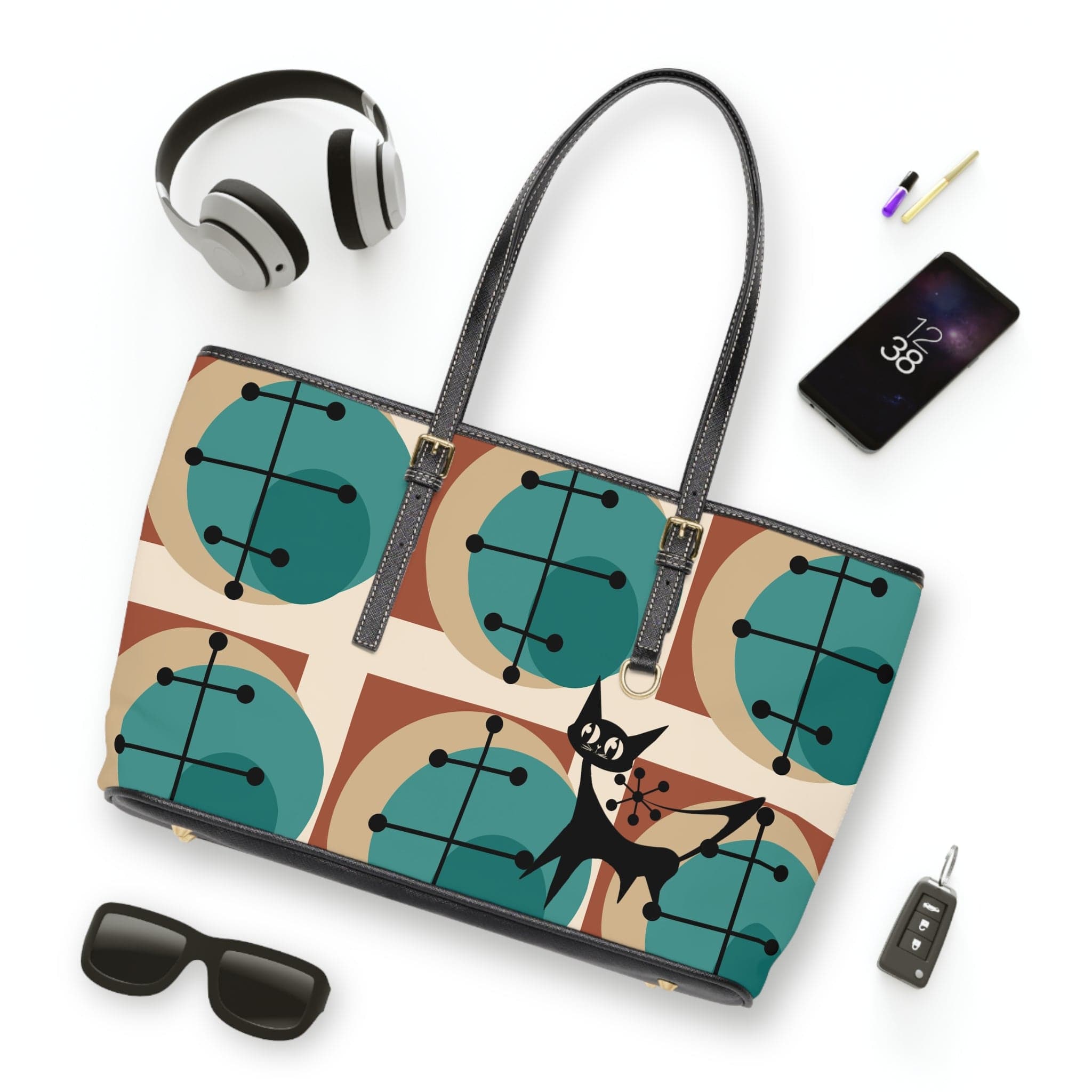 Mid Mod Atomic Kitschy Cat, Geometric Brown, Teal, MCM Shoulder Bag Bags 17" x 11" / Black