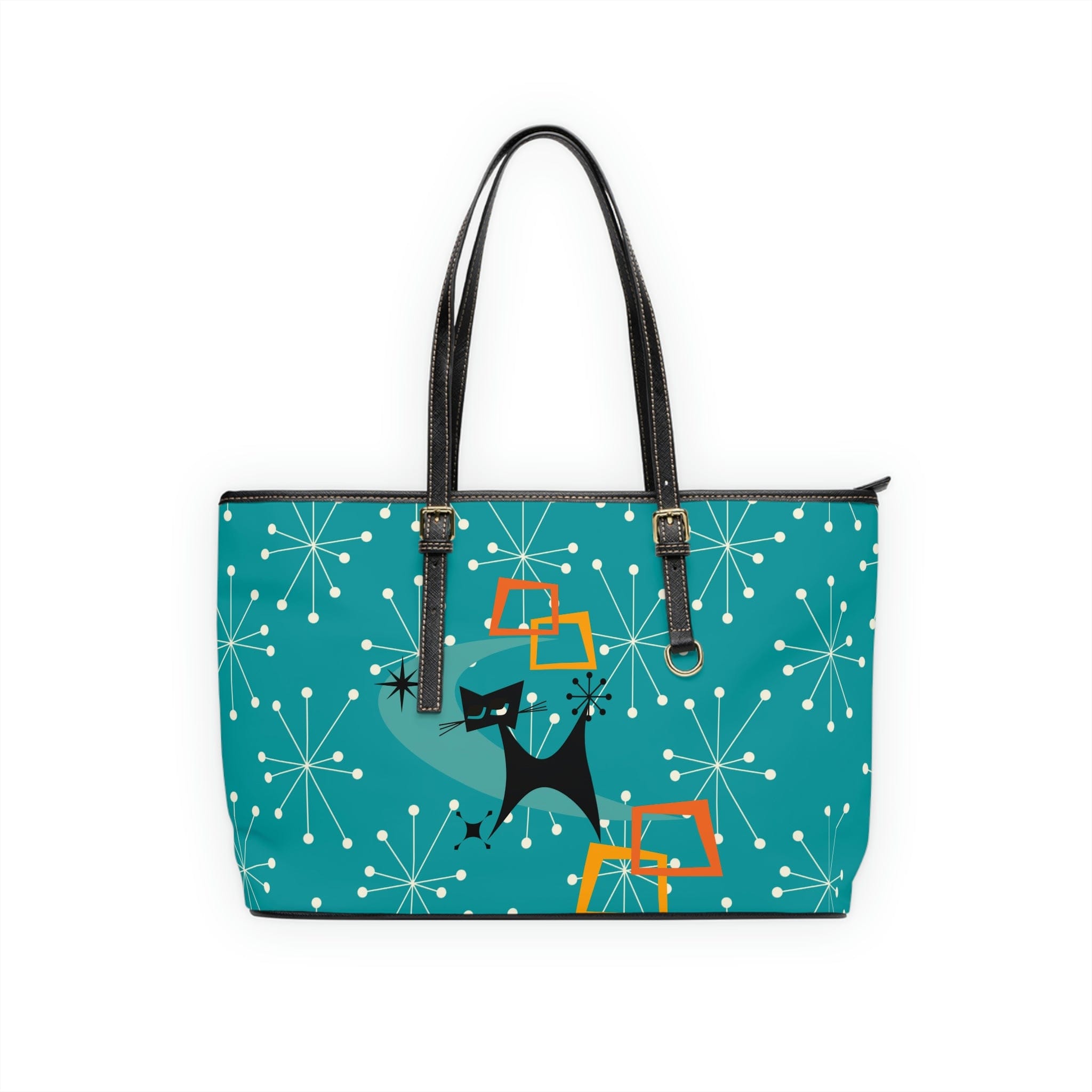 Mid Mod Atomic Starburst, Dark Aqua Blue, Kitschy Cat Retro Shoulder Bag Bags 17" x 11" / Black