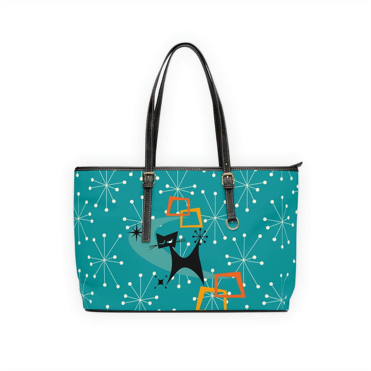 Mid Mod Atomic Starburst, Dark Aqua Blue, Kitschy Cat Retro Shoulder Bag Bags 17" x 11" / Black