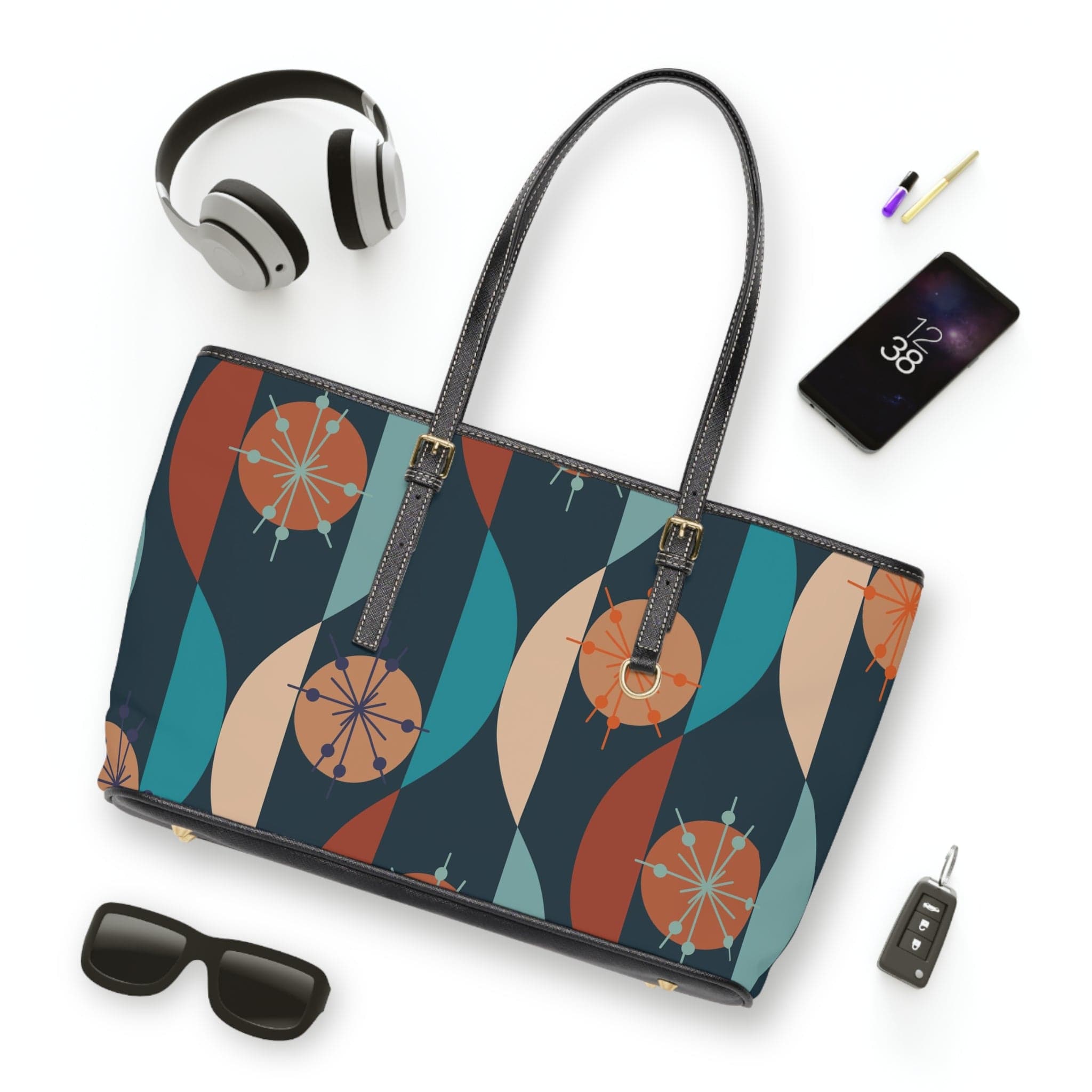 Mod Retro Blue, Aqua, Beige, Starburst MCM Shoulder Bag Bags 17" x 11" / Black
