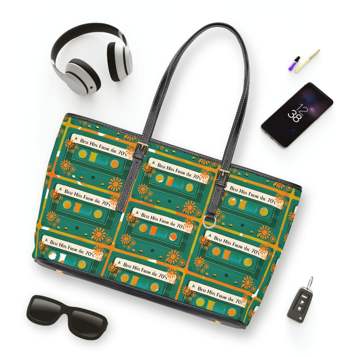 Retro Cassette Best Hit From The 70's, Flower Power Groovy Orange, Teal Shoulder Bag Reversable Bags 17" x 11" / Black