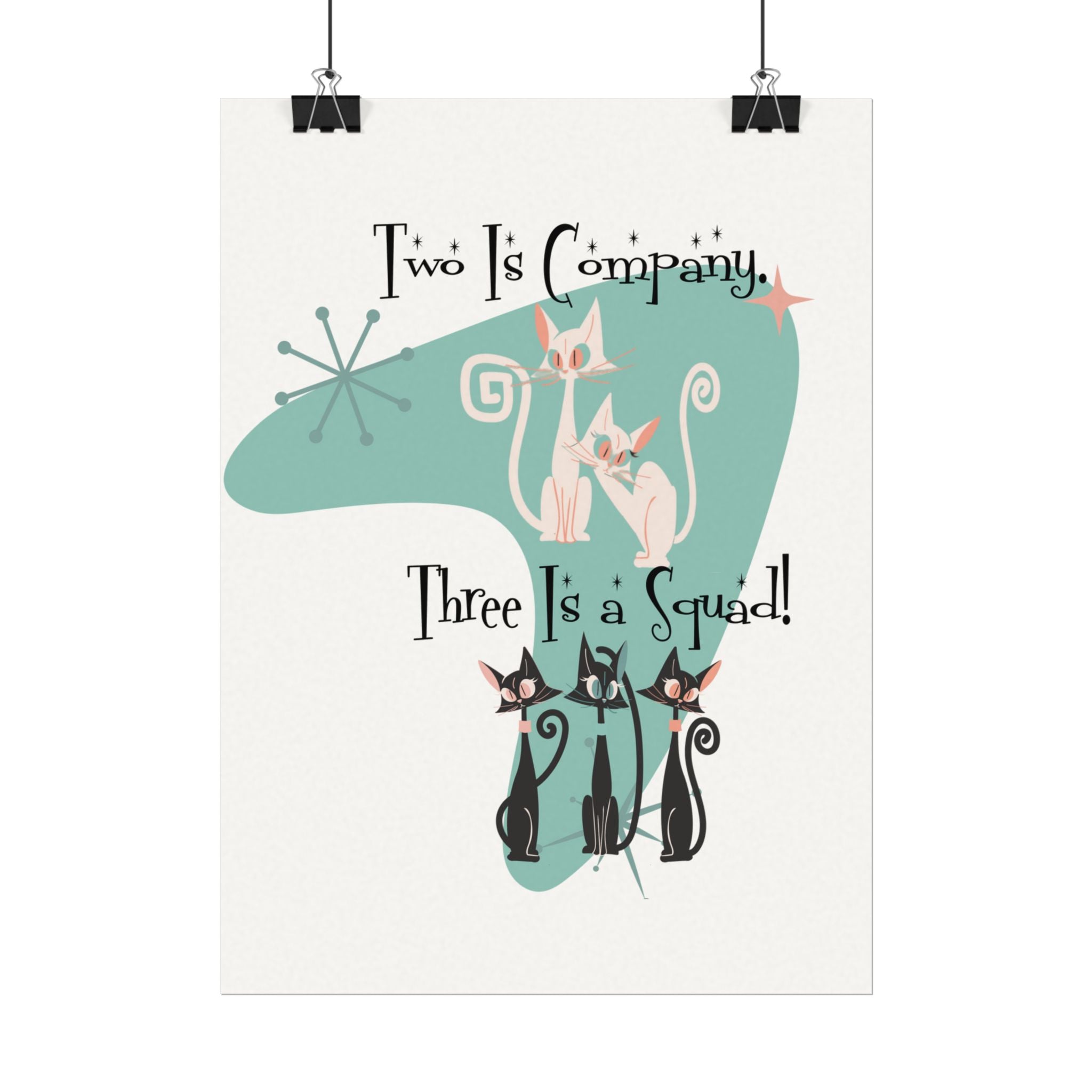 Atomic Cat Office Poster, Mid Mod Kitschy Cute Squad Cats-Themed Art Poster - Mid Century Modern Gal