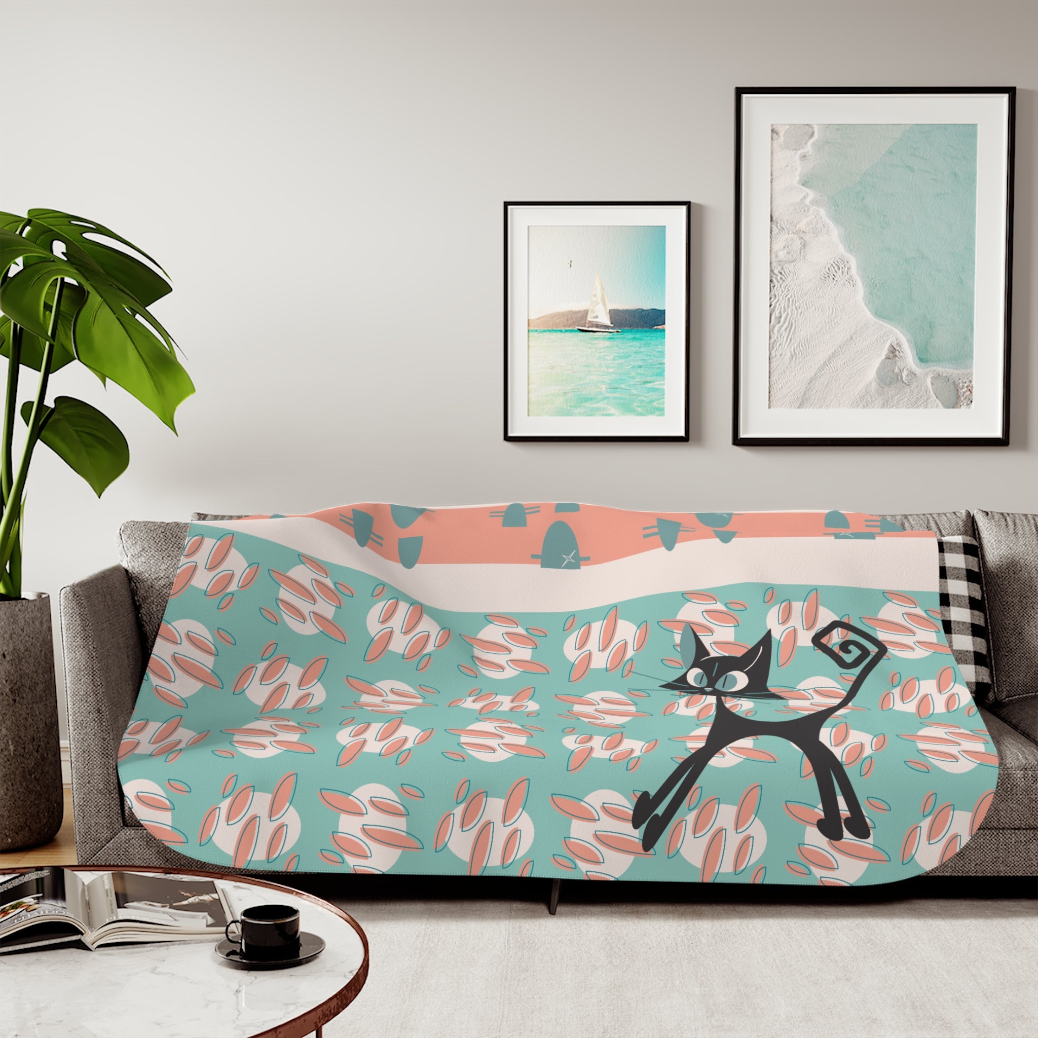 Mid Century Modern Atomic Cat Coral, Aqua Blue, Mid Mod Throw Blanket - Mid Century Modern Gal