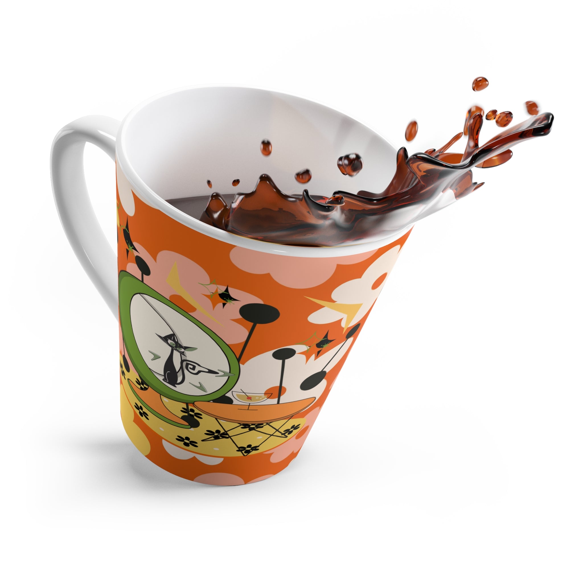 70s Retro Floral Latte Mug with Playful Atomic Cat Design - Perfect for Coffee Lovers - Mid Century Modern Gal