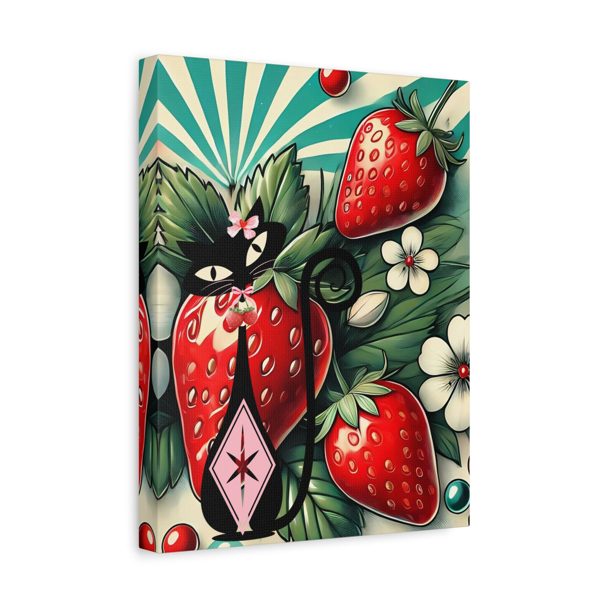 Retro Atomic Cat and Strawberry Wall Art Canvas - Vibrant Home Decor - Mid Century Modern Gal