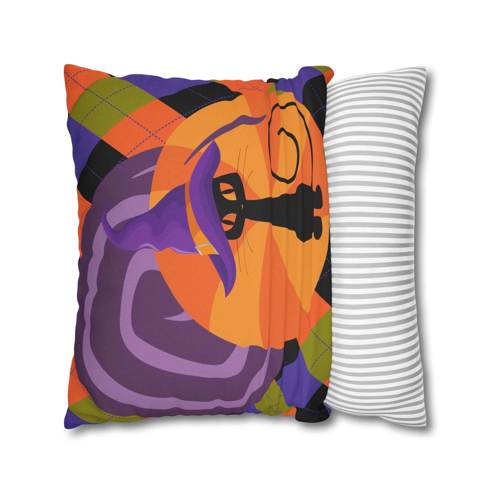 Atomic Cat Harlequin Pattern Orange Purple Black, Kitschy Halloween Pillow Cover - Mid Century Modern Gal