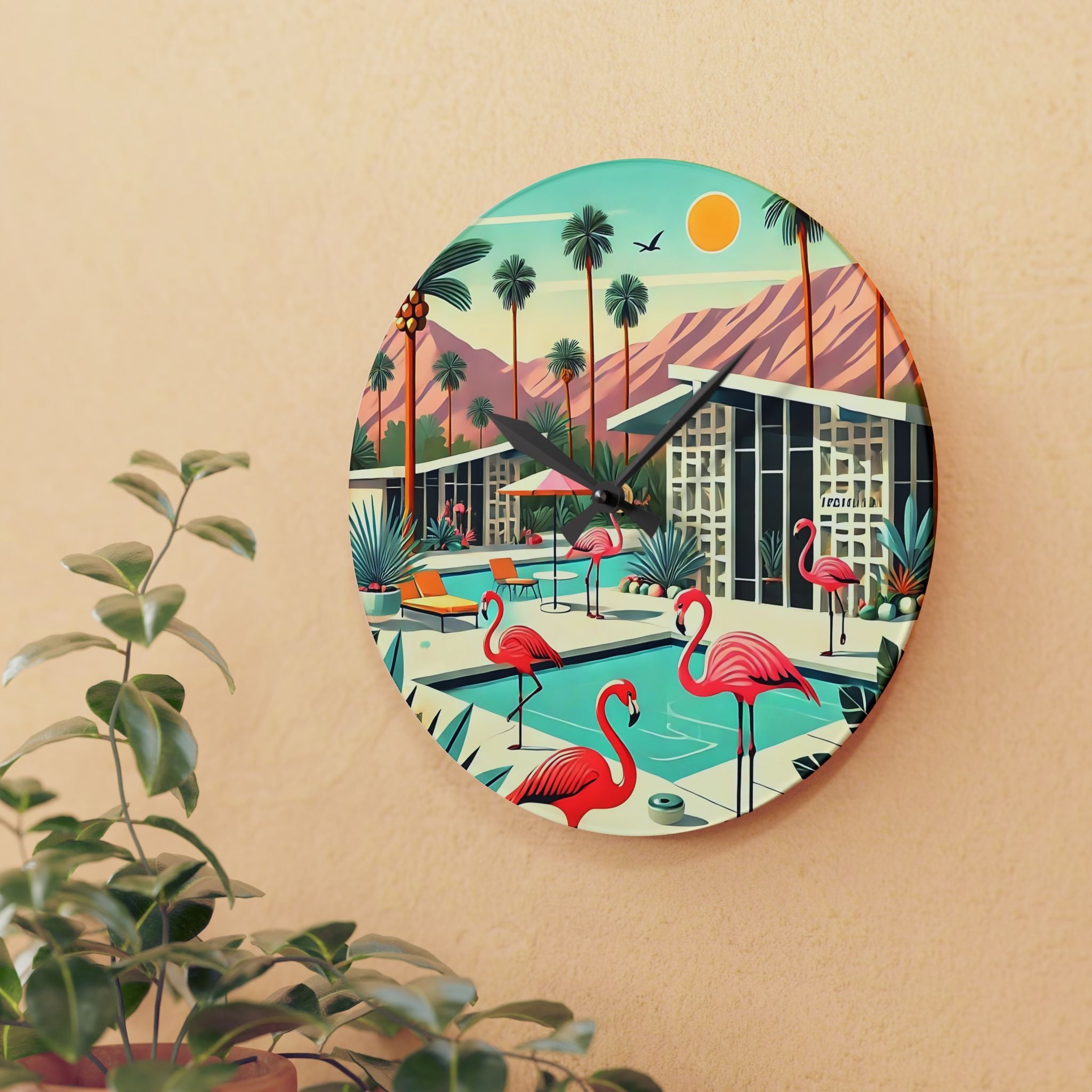Palm Beach California Flamingo Clock, Kitsch Mod Acrylic Wall Clock - Mid Century Modern Gal