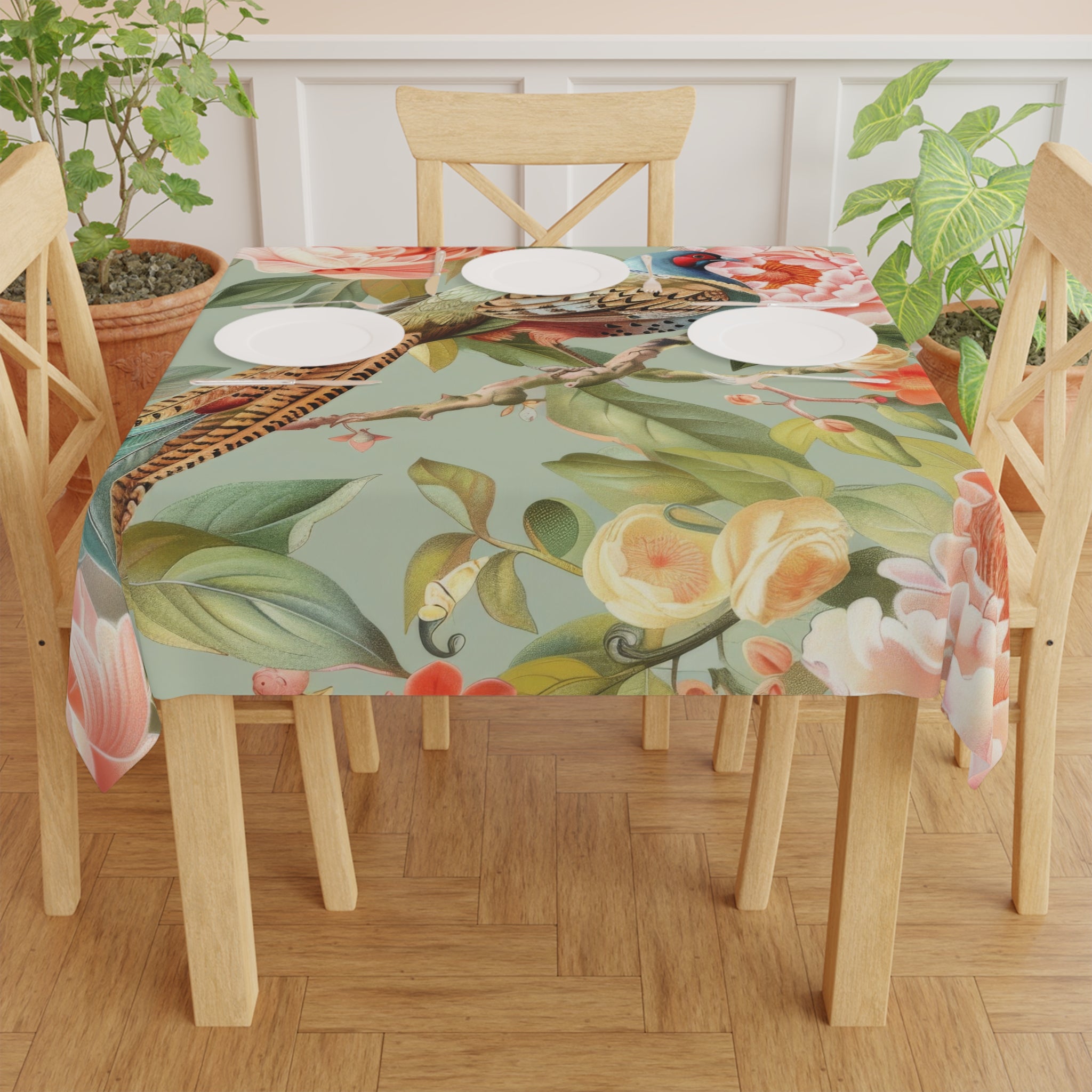 Chinoiserie Floral Pheasant Bird Tablecloth - Elegant Home Décor for Spring Celebrations - Mid Century Modern Gal
