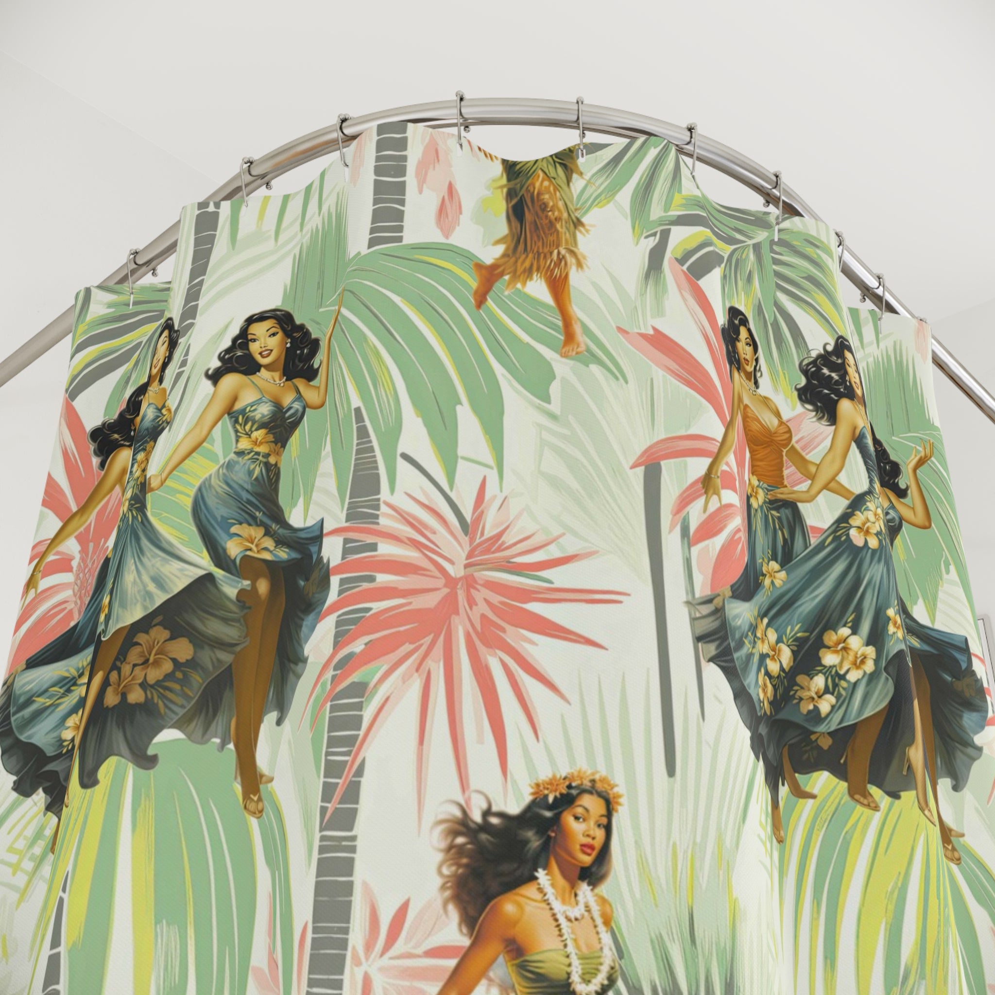 Vintage 1950’s, 60s Hawaiian Polynesian Dancers Mid Century Modern Style Shower Curtain - Mid Century Modern Gal