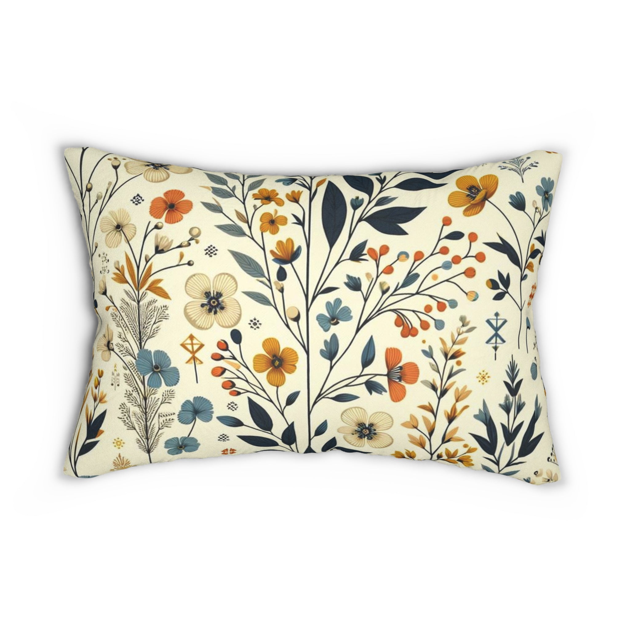 Modern Danish Scandinavian Designed Floral Mid Century Modern Golden Yellow, Royal Blue Lumbar Pillow - Mid Century Modern Gal