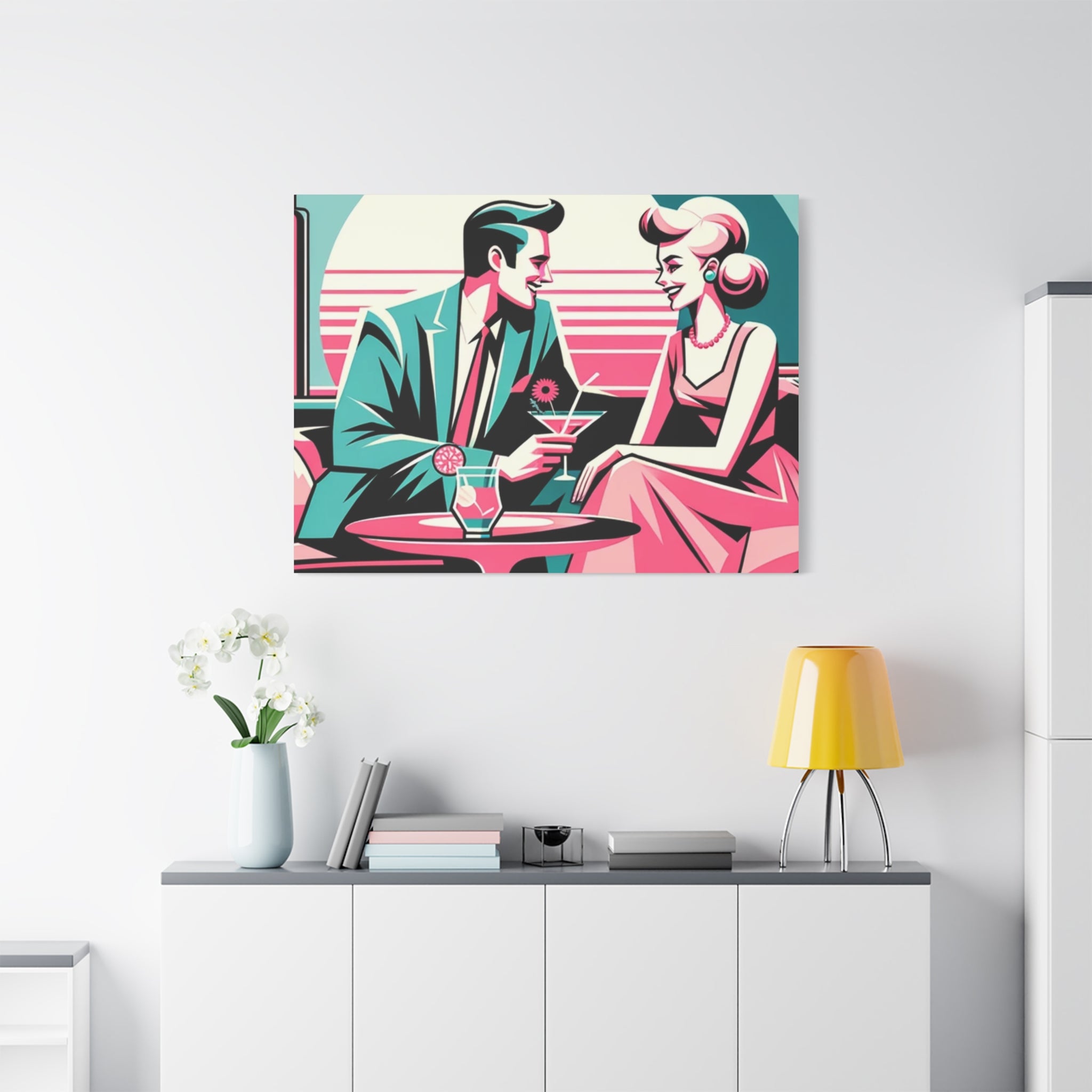 Mid Mod Retro Romance Pink, Aqua Teal Kitschy Mod Wall Art - Vintage Couple Design - Mid Century Modern Gal