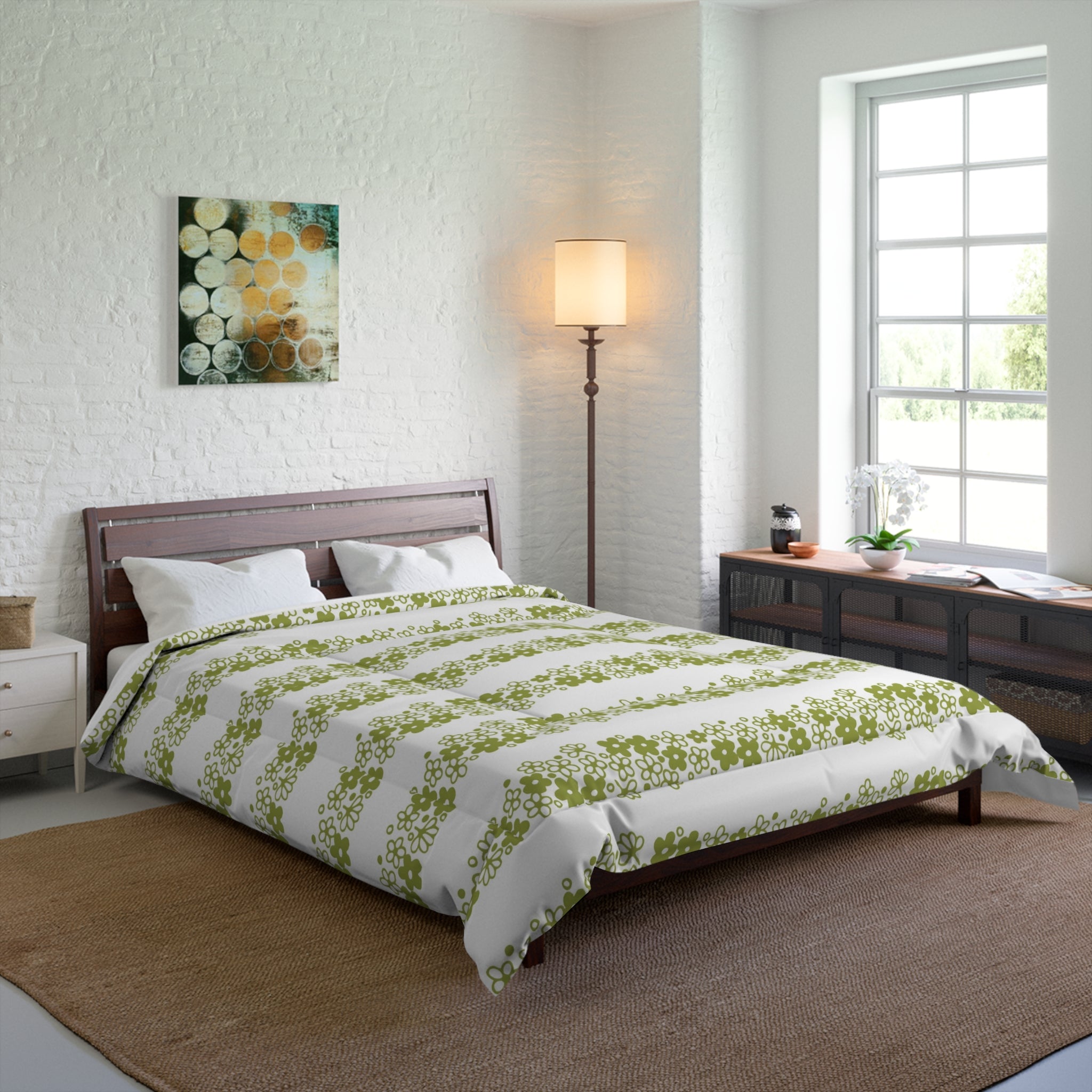 Pyrex Crazy Daisy Spring Blossom Retro Botanical Green Floral Comforter - Mid Century Modern Gal