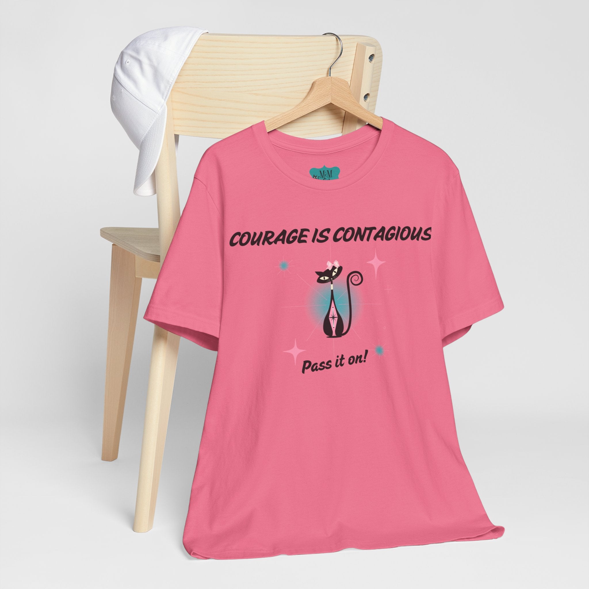 Breast Cancer Shirt, Courage Is Contagious Breast Cancer Support, Warrior, Survivor, Chemo Day Atomic Cat Pretty Short Sleeve Tee - Mid Century Modern Gal
