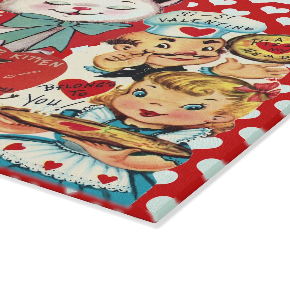 50s Vintage Valentine Cards, Kitschy Love, Red Hearts, Retro Glass Cutting Board - Mid Century Modern Gal