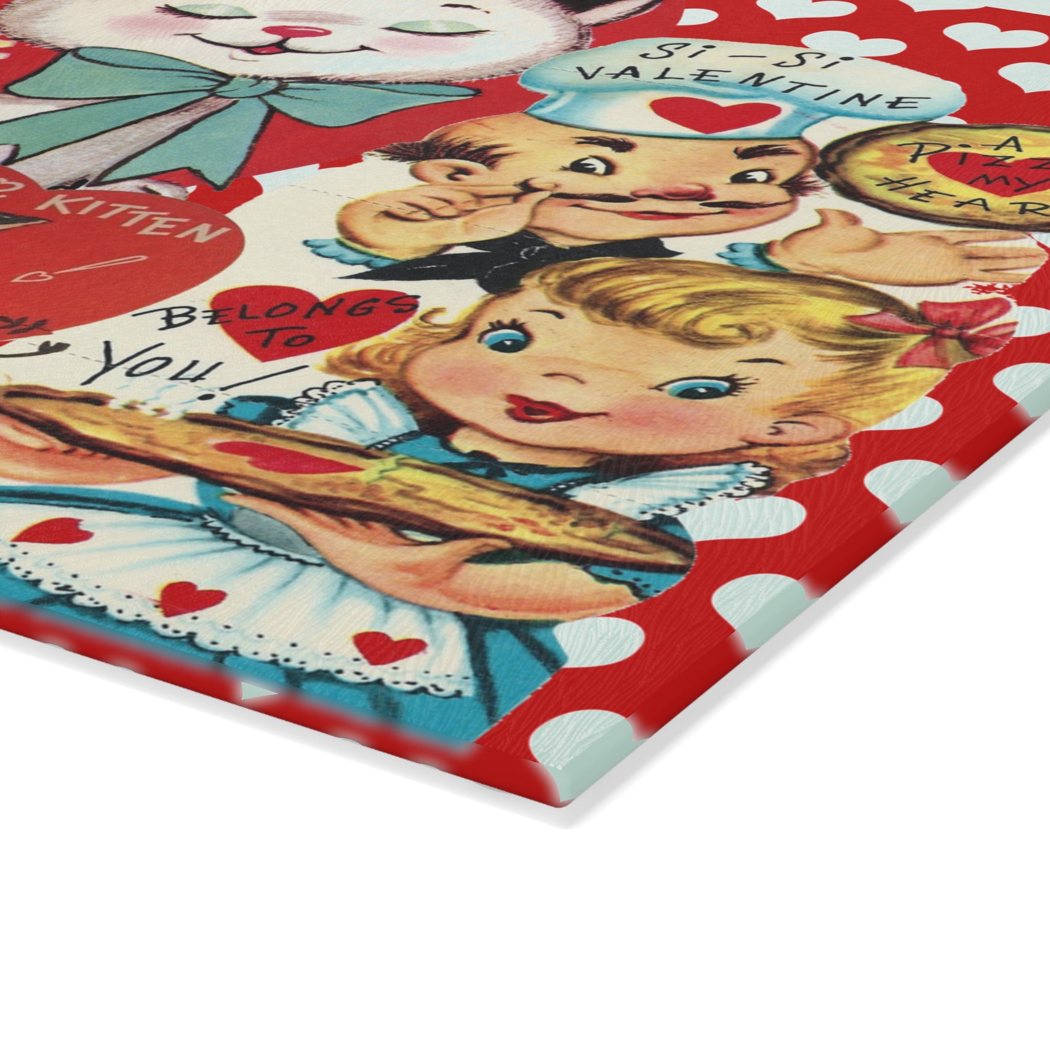 50s Vintage Valentine Cards, Kitschy Love, Red Hearts, Retro Glass Cutting Board - Mid Century Modern Gal