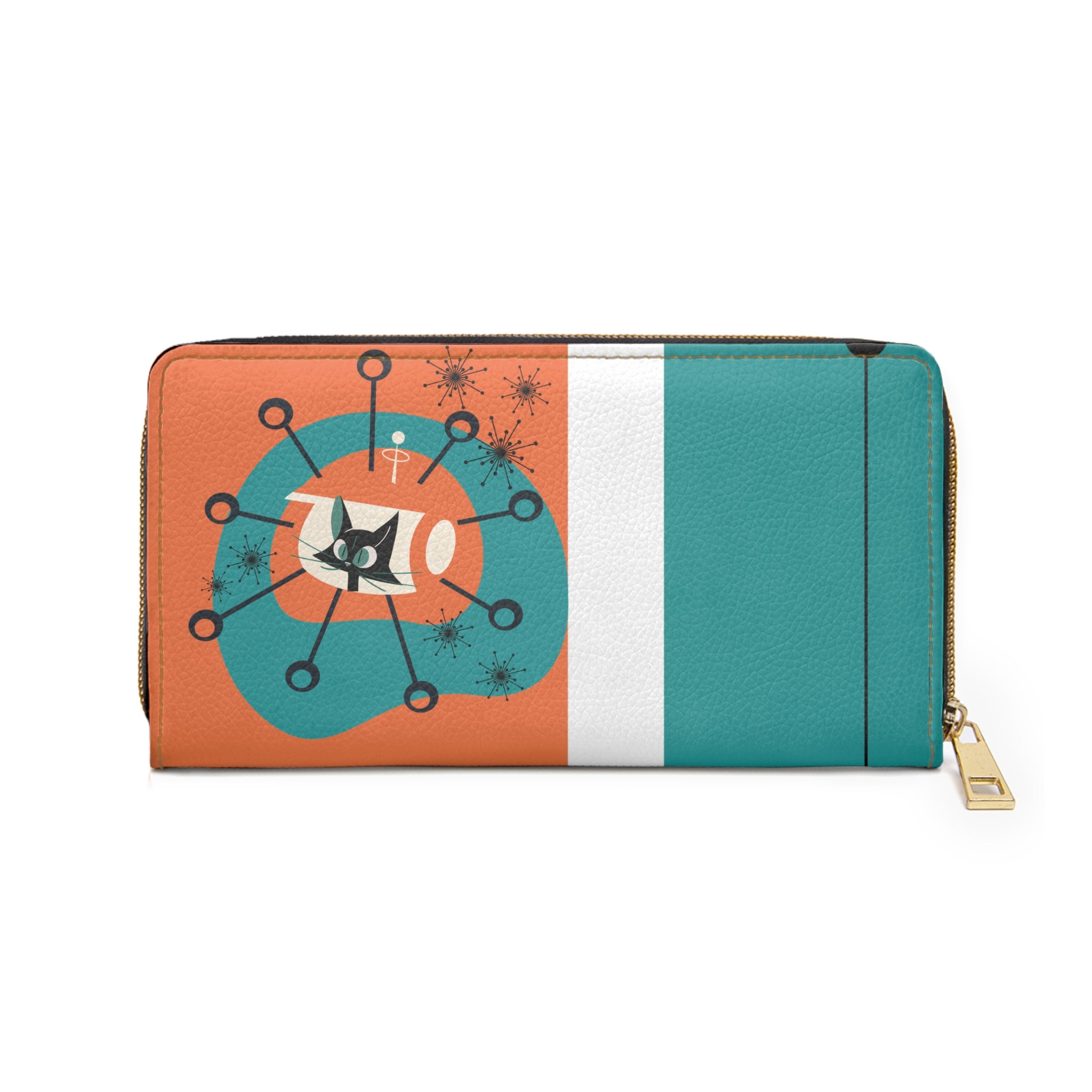 Atomic Cat Orange, Teal Space Age Kitschy Fun Zipper Wallet - Mid Century Modern Gal