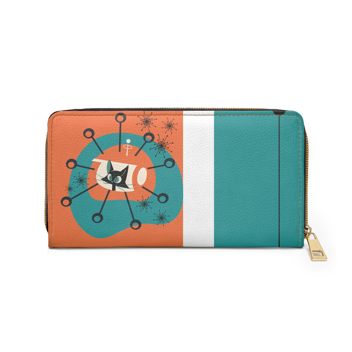 Atomic Cat Orange, Teal Space Age Kitschy Fun Zipper Wallet - Mid Century Modern Gal