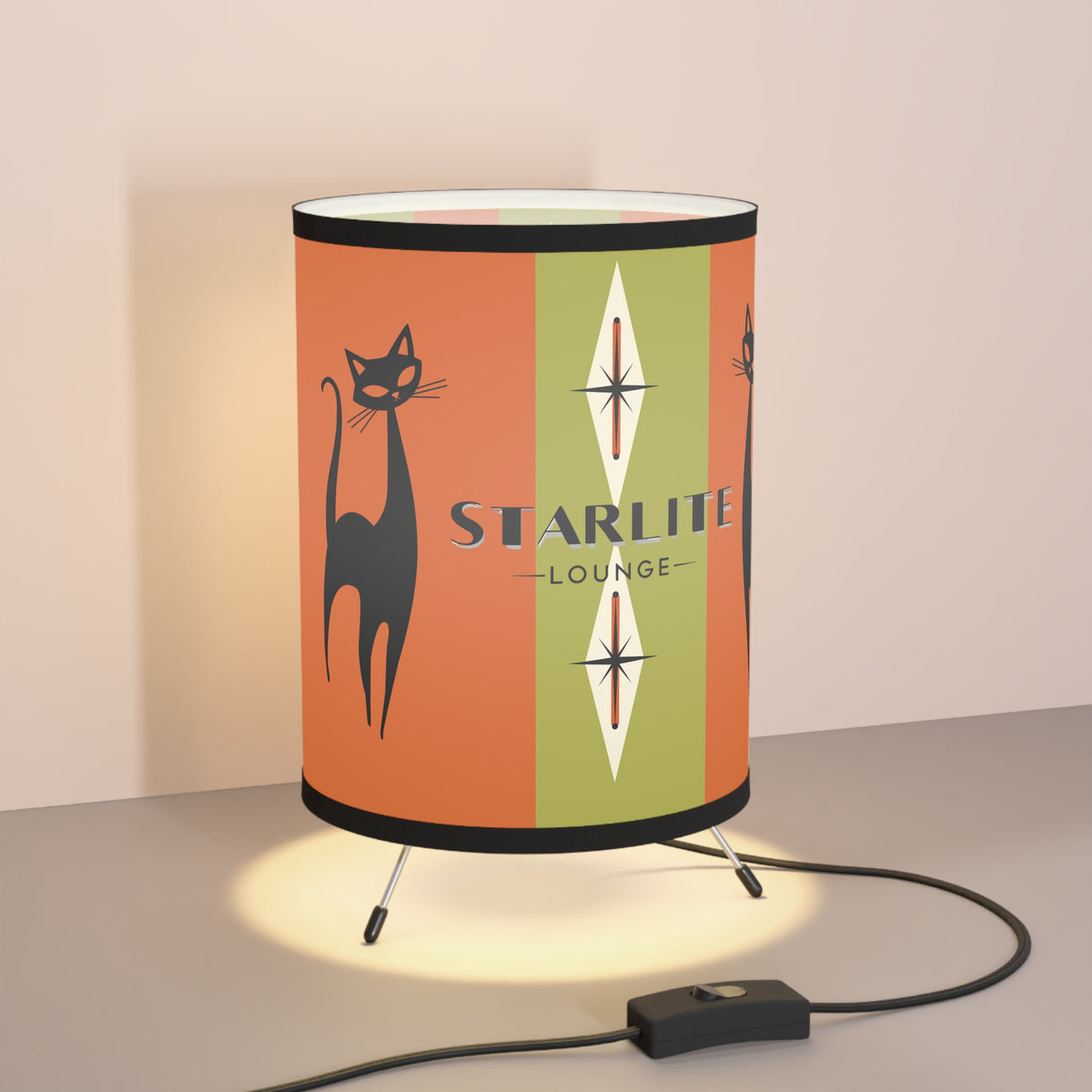 Mid-Century Modern Tripod Lamp For Home Bar, Orange Green Starburst with Cat Design - Starlite Lounge - Mid Century Modern Gal
