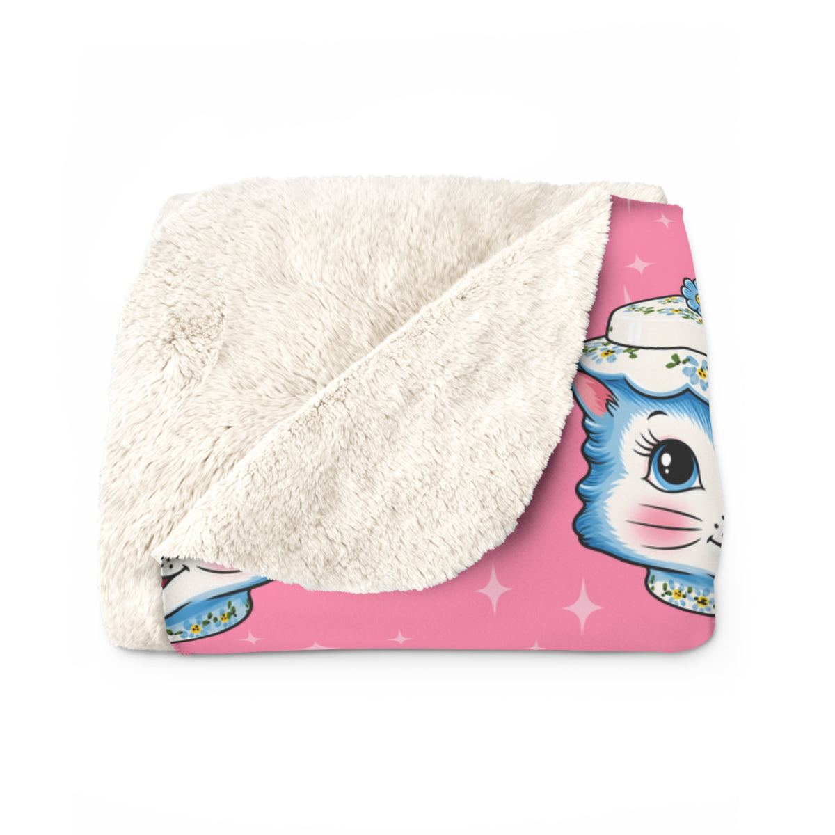 Mid Century Modern Kitschy Anthropomorphic Blue Cat with Floral Hat Sherpa Fleece Blanket - Mid Century Modern Gal