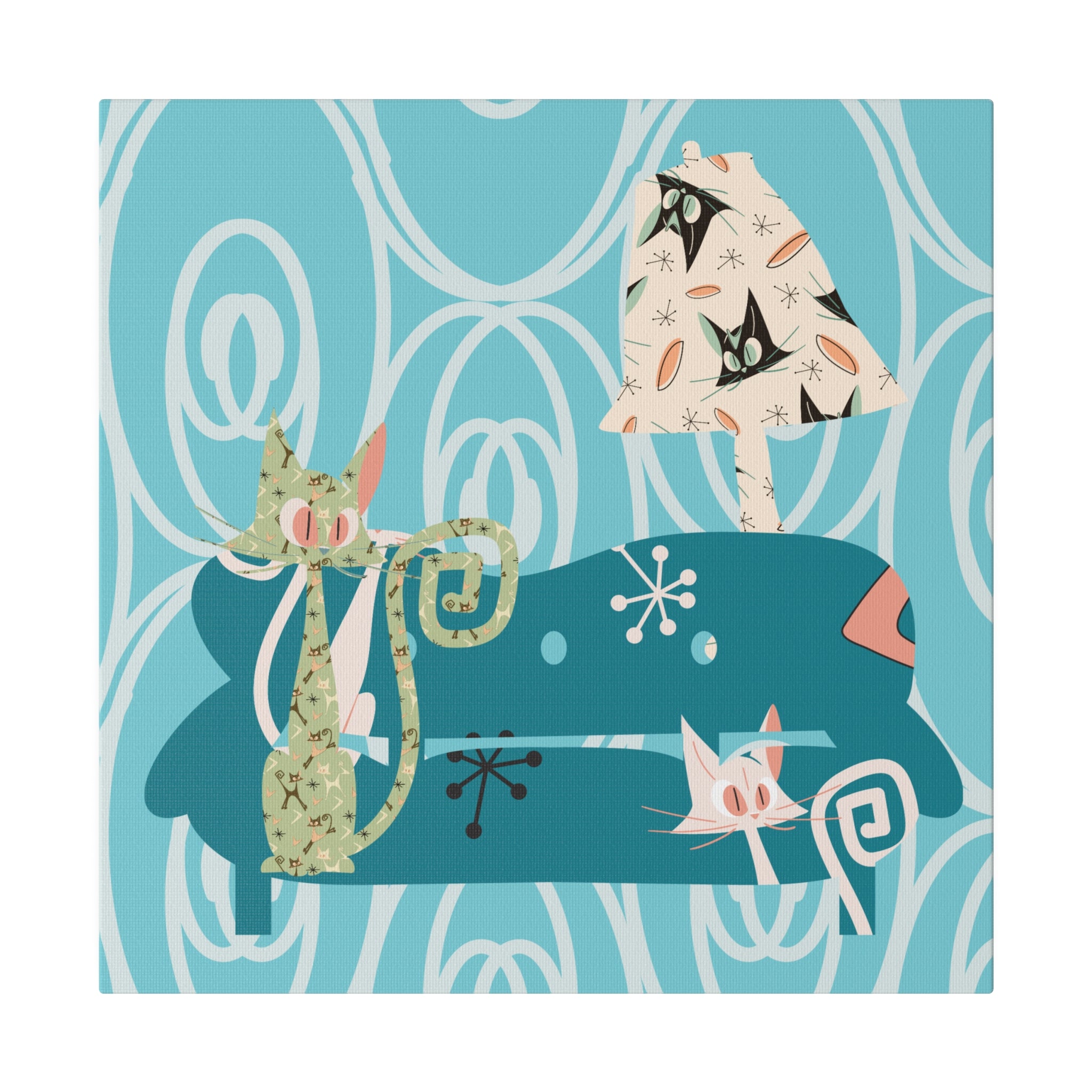 Atomic Cat Art, Quirky Kitschy Blue, Green, Teal Mid Century Modern Wall Art - Mid Century Modern Gal