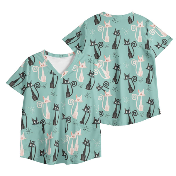 Atomic Cats, Whimsical Fun Womens Printed V Neck Workwear Nursing Scrub Top