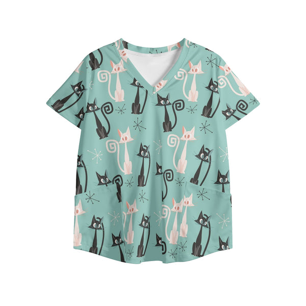 Atomic Cats, Whimsical Fun Womens Printed V Neck Workwear Nursing Scrub Top