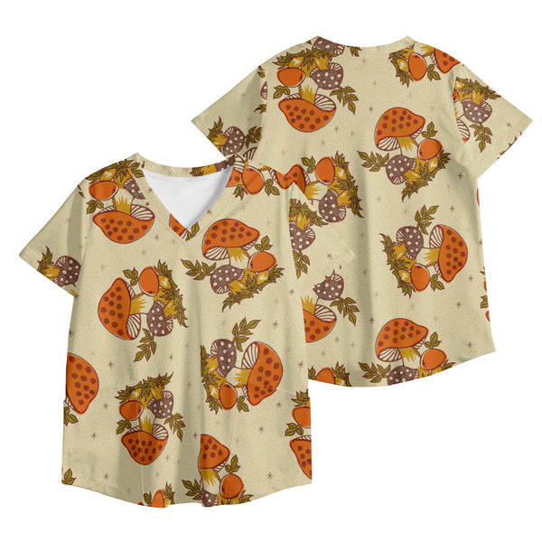 70s Vintage Merry Mushroom Groovy Retro Womens Printed V Neck Workwear Nursing Scrub Top