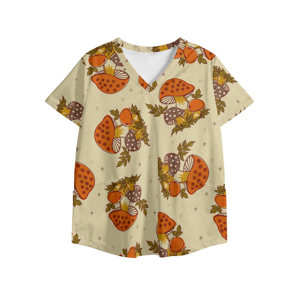70s Vintage Merry Mushroom Groovy Retro Womens Printed V Neck Workwear Nursing Scrub Top