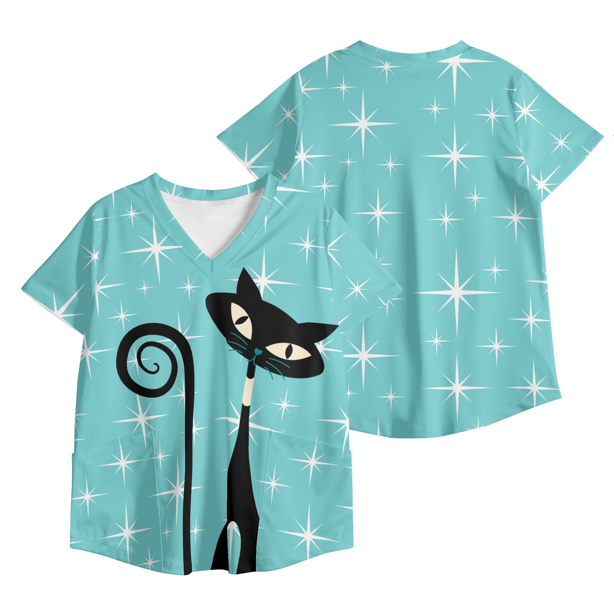 Mid Century Mod Aqua Starbursts, Atomic Cat, Womens Printed V Neck Workwear Nursing Scrub Top - Mid Century Modern Gal