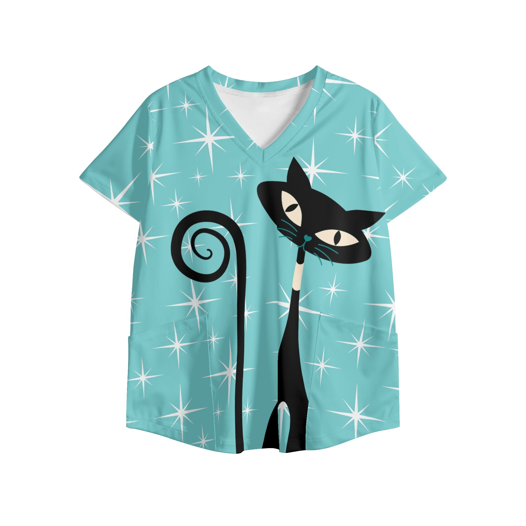 Mid Century Mod Aqua Starbursts, Atomic Cat, Womens Printed V Neck Workwear Nursing Scrub Top - Mid Century Modern Gal