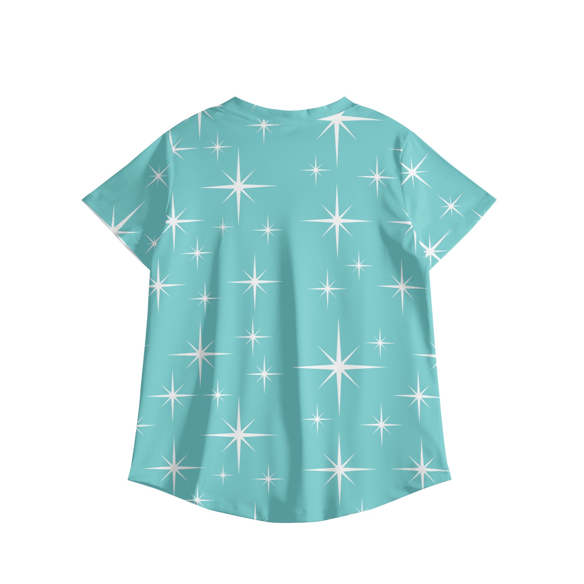 Mid Century Mod Aqua Starbursts, Atomic Cat, Womens Printed V Neck Workwear Nursing Scrub Top - Mid Century Modern Gal