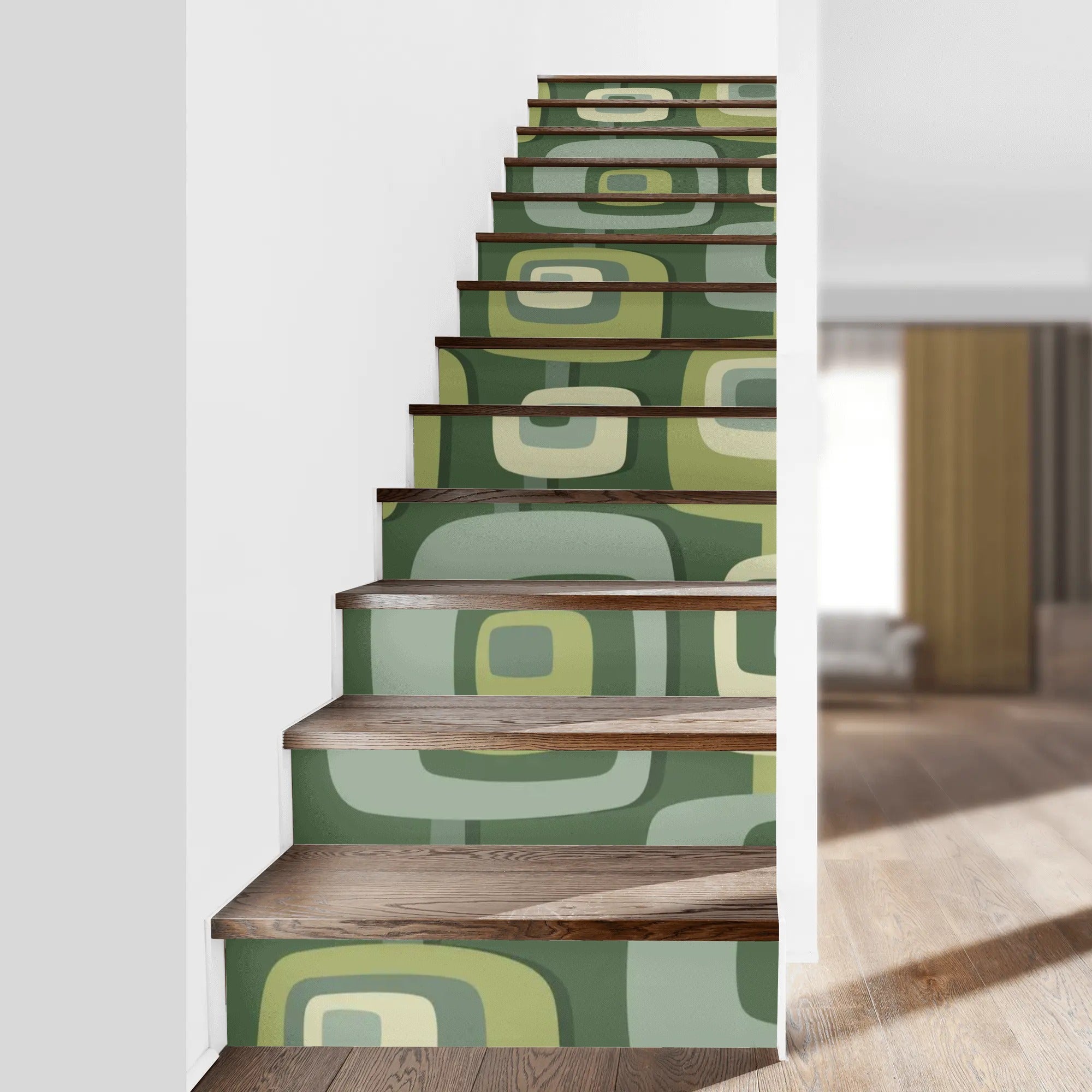 Mid Century Modern Geometric Pattern Green, Beige, MCM 13Pcs Stairs Stickers - Mid Century Modern Gal