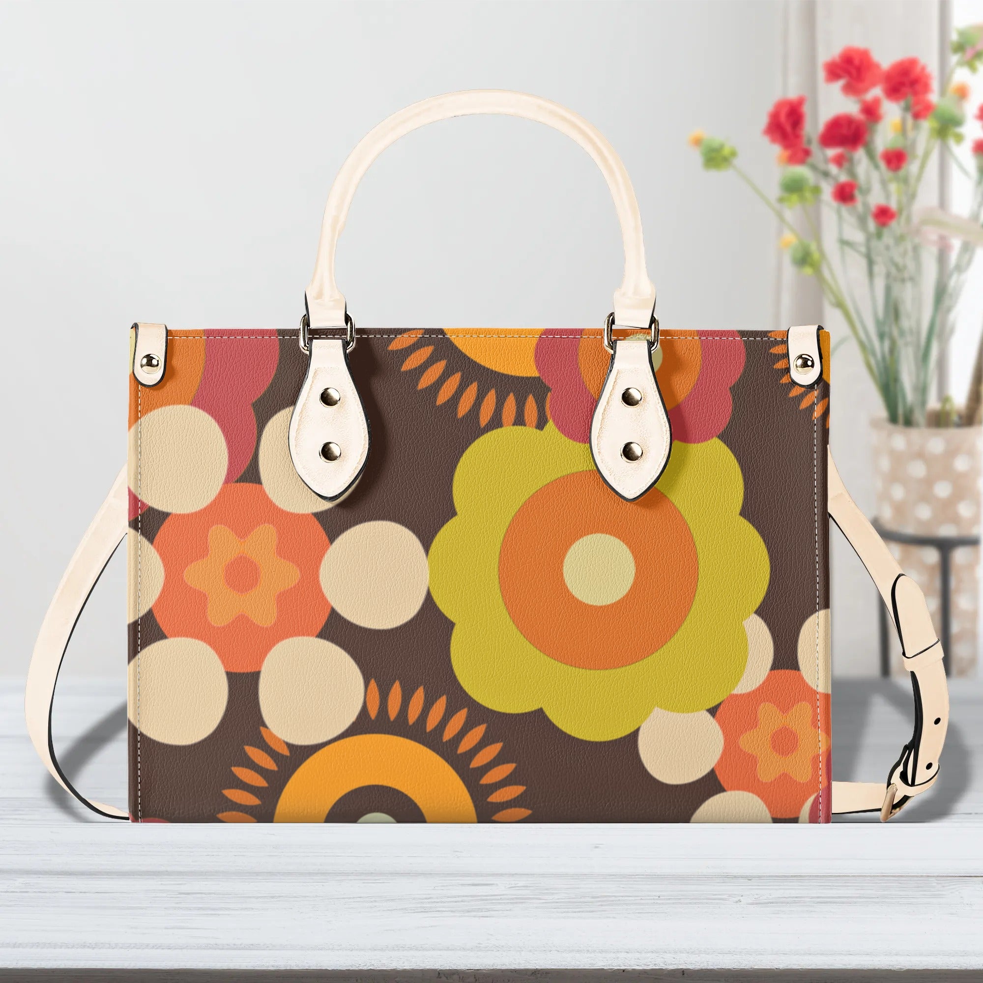 Flower Power 70s Groovy Brown, Orange Retro Womens PU Leather Handbag - Mid Century Modern Gal