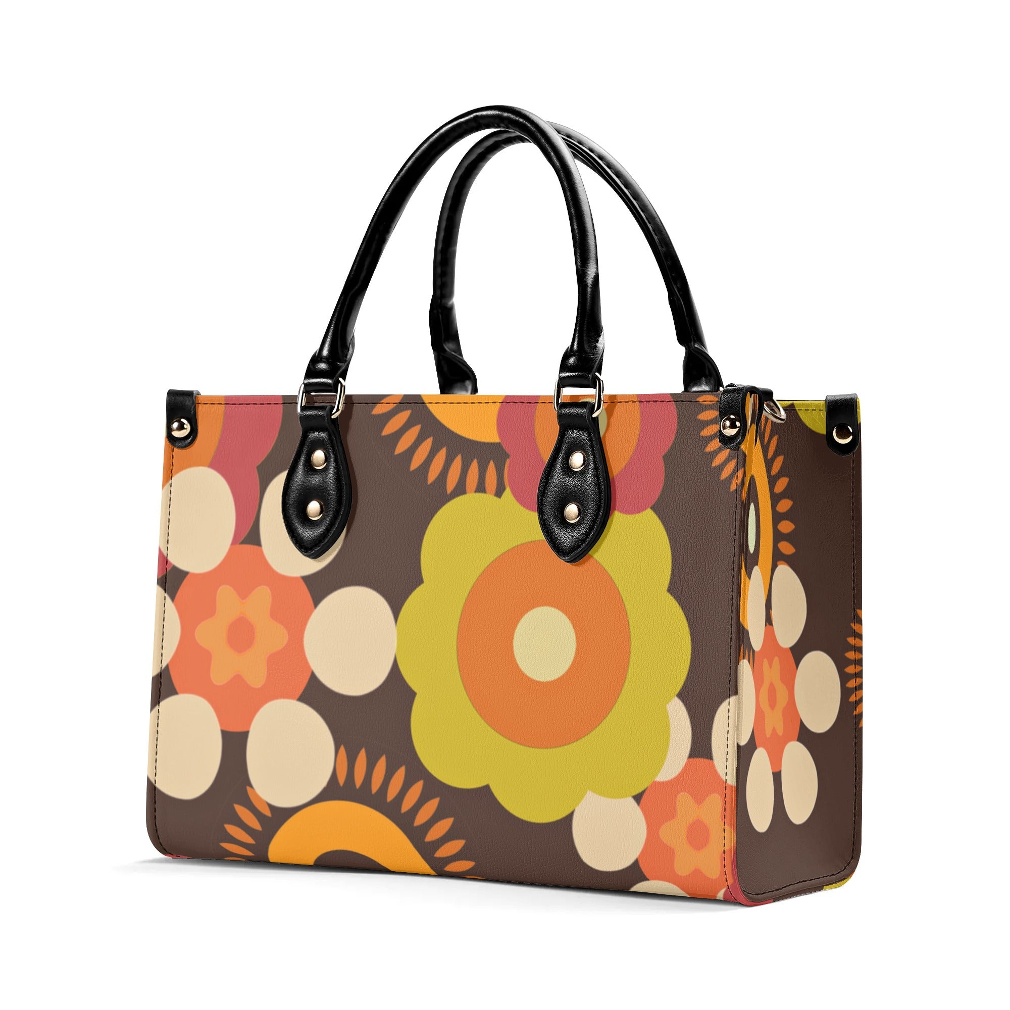 Flower Power 70s Groovy Brown, Orange Retro Womens PU Leather Handbag - Mid Century Modern Gal