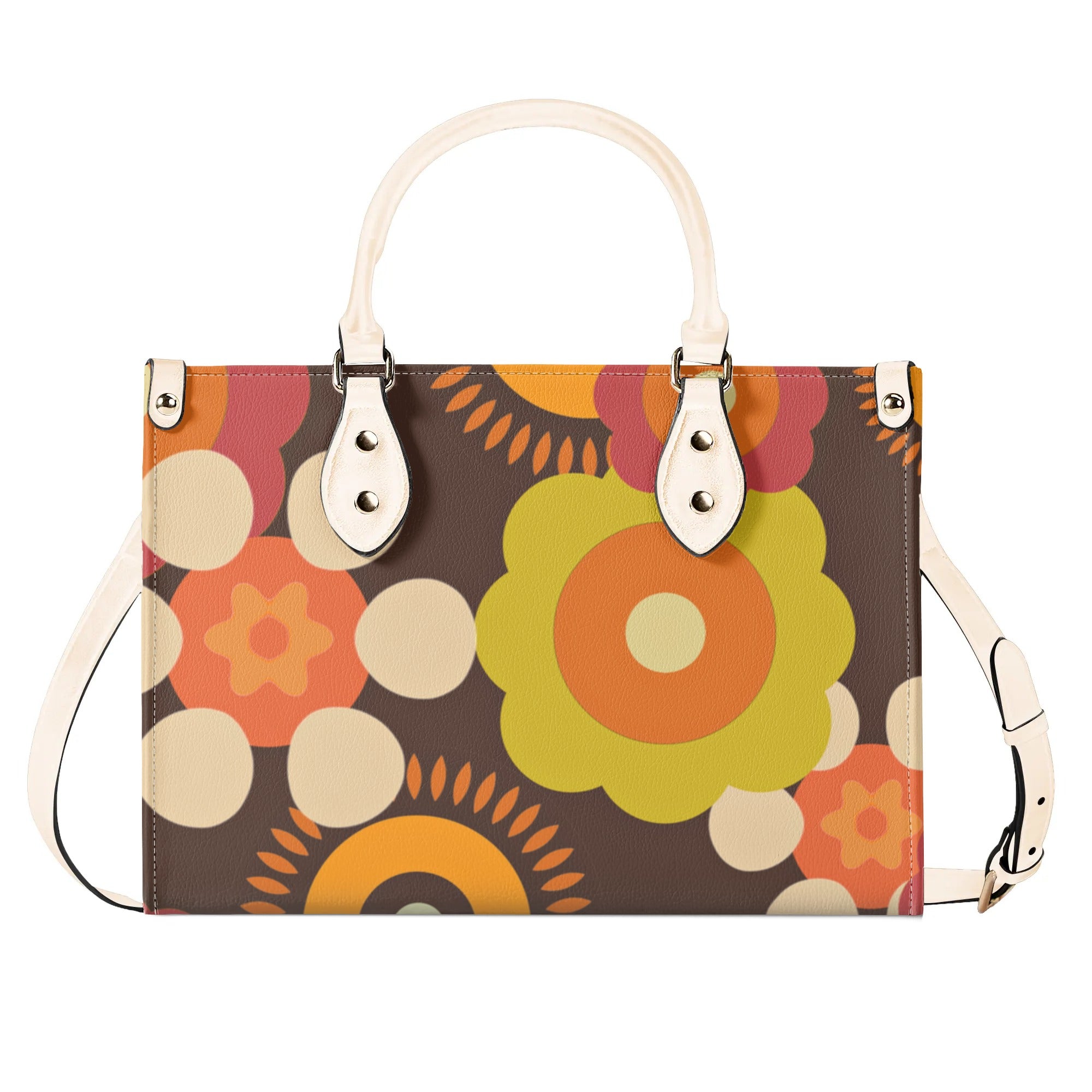 Flower Power 70s Groovy Brown, Orange Retro Womens PU Leather Handbag - Mid Century Modern Gal