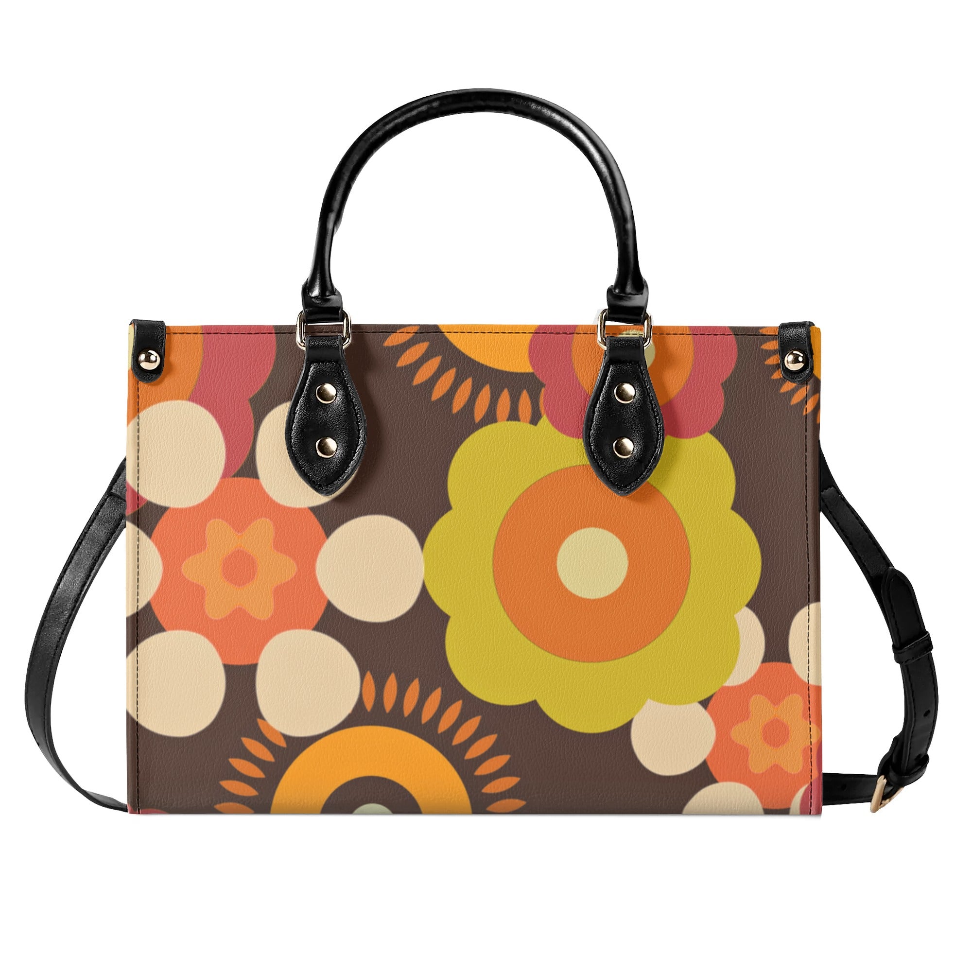 Flower Power 70s Groovy Brown, Orange Retro Womens PU Leather Handbag - Mid Century Modern Gal
