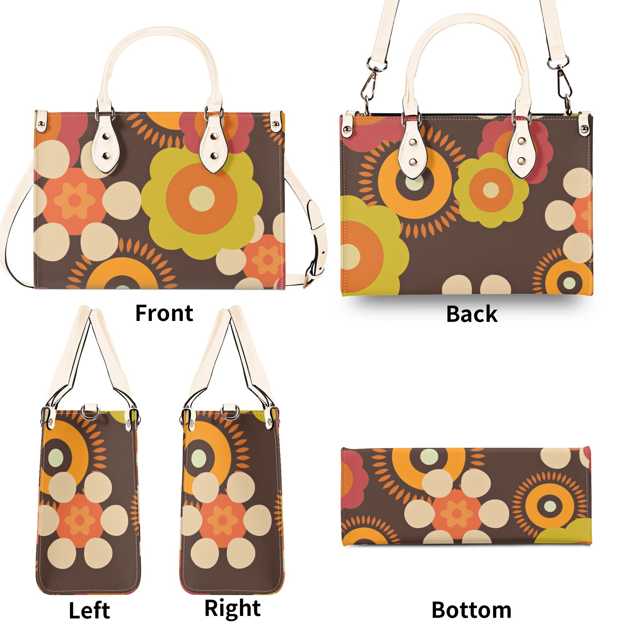 Flower Power 70s Groovy Brown, Orange Retro Womens PU Leather Handbag - Mid Century Modern Gal