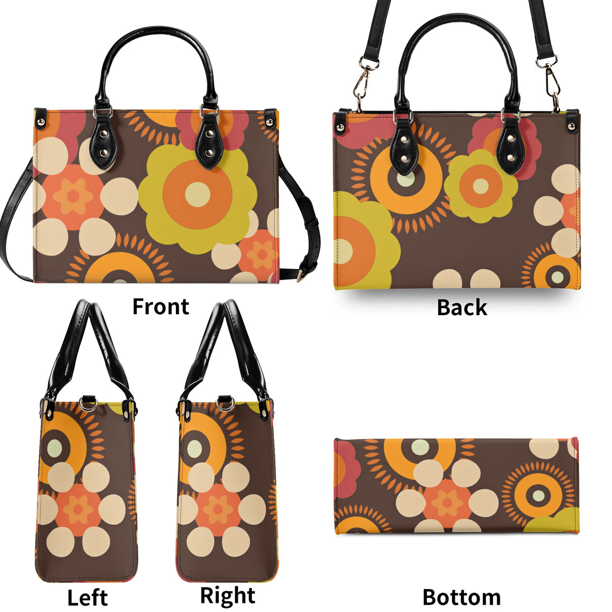 Flower Power 70s Groovy Brown, Orange Retro Womens PU Leather Handbag - Mid Century Modern Gal