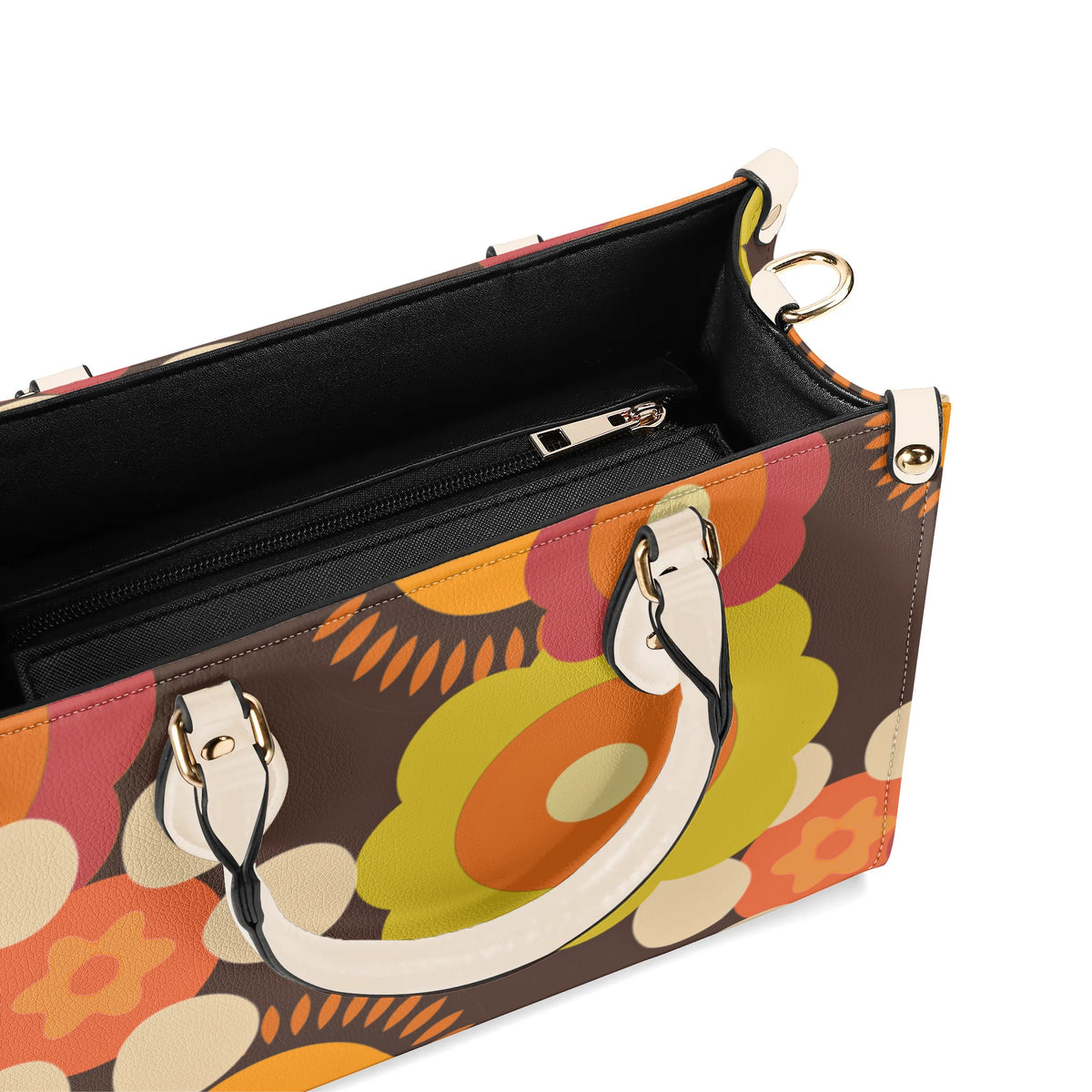 Flower Power 70s Groovy Brown, Orange Retro Womens PU Leather Handbag - Mid Century Modern Gal
